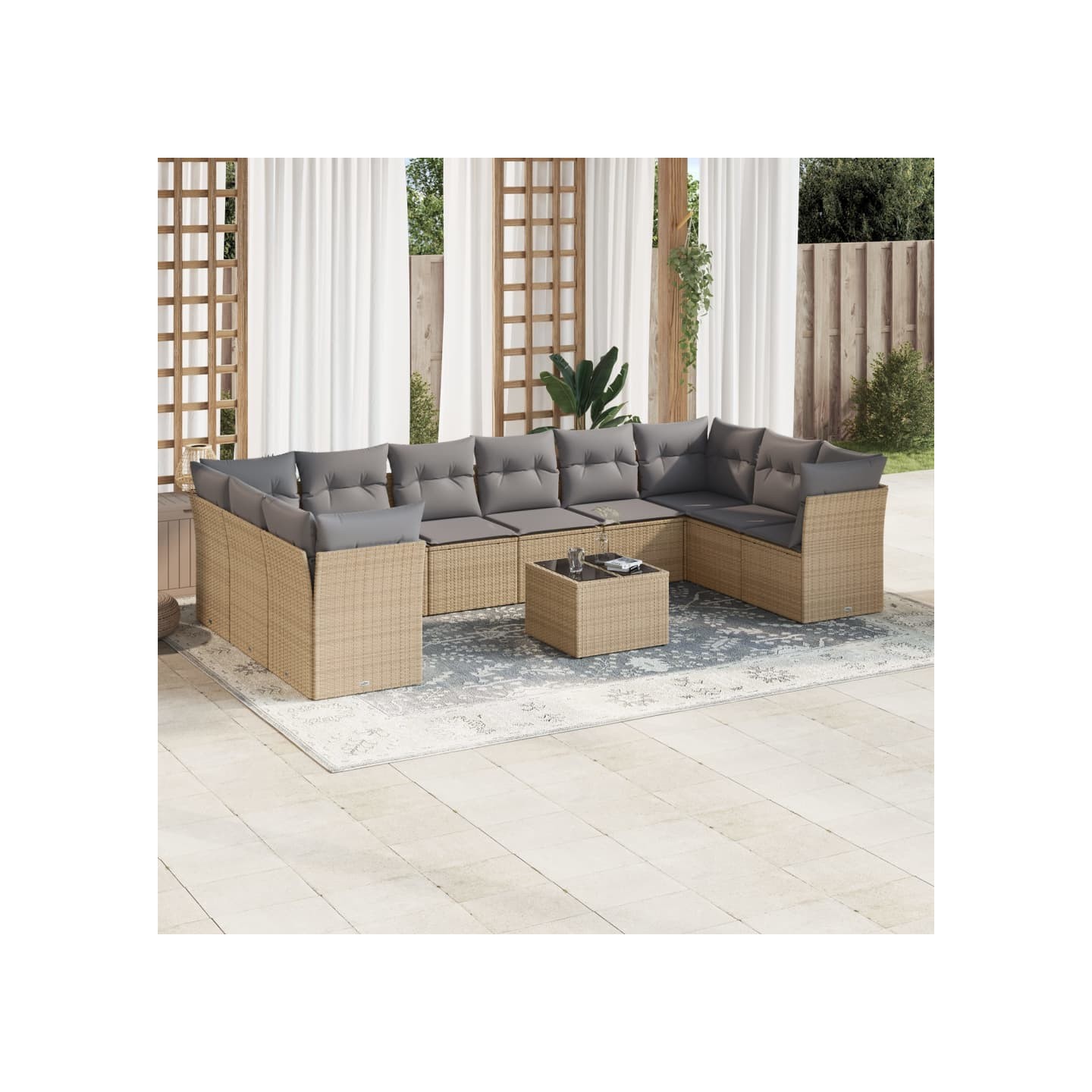 Salon de jardin 11 pcs avec coussins beige résine tressée