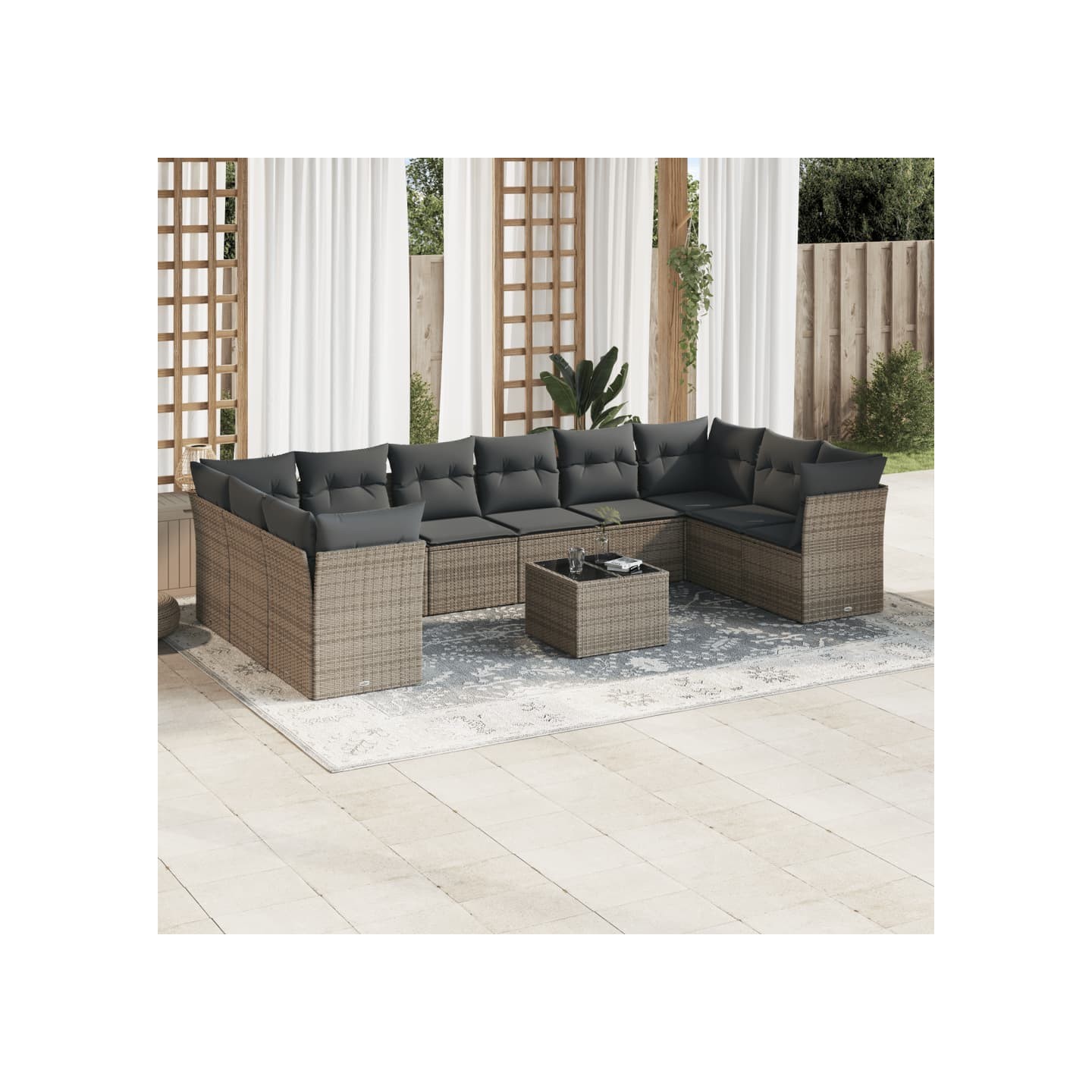 Salon de jardin 11 pcs avec coussins gris résine tressée