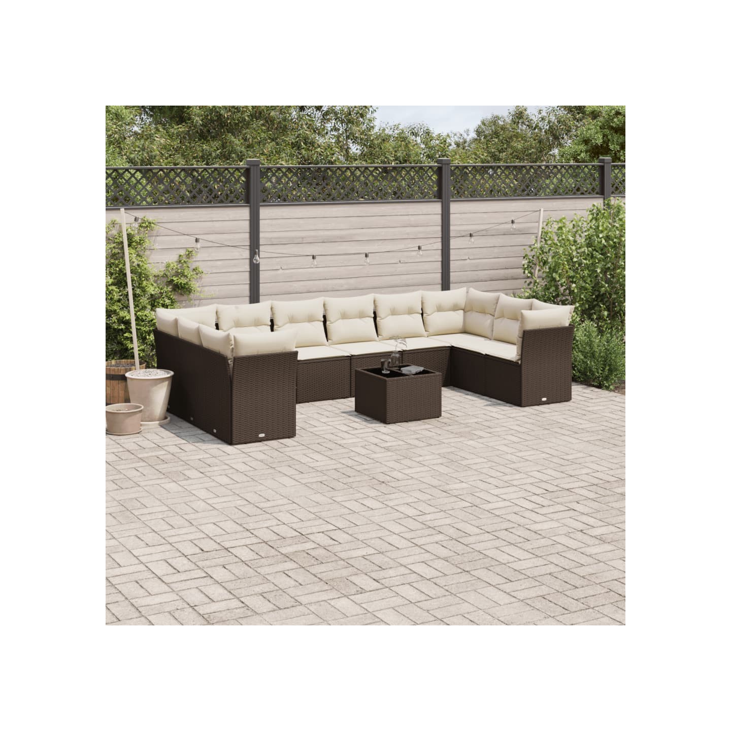 Salon de jardin et coussins 11 pcs marron résine tressée