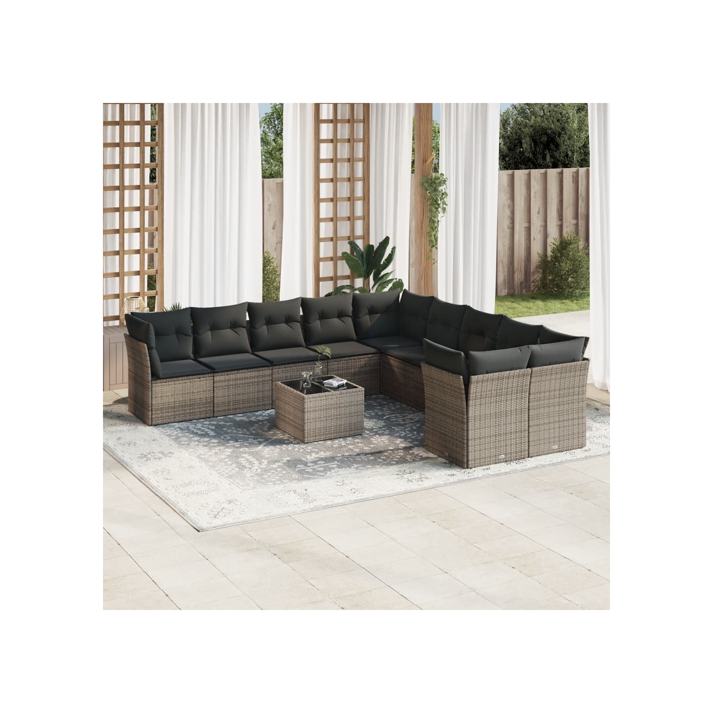 Salon de jardin 11 pcs avec coussins gris résine tressée