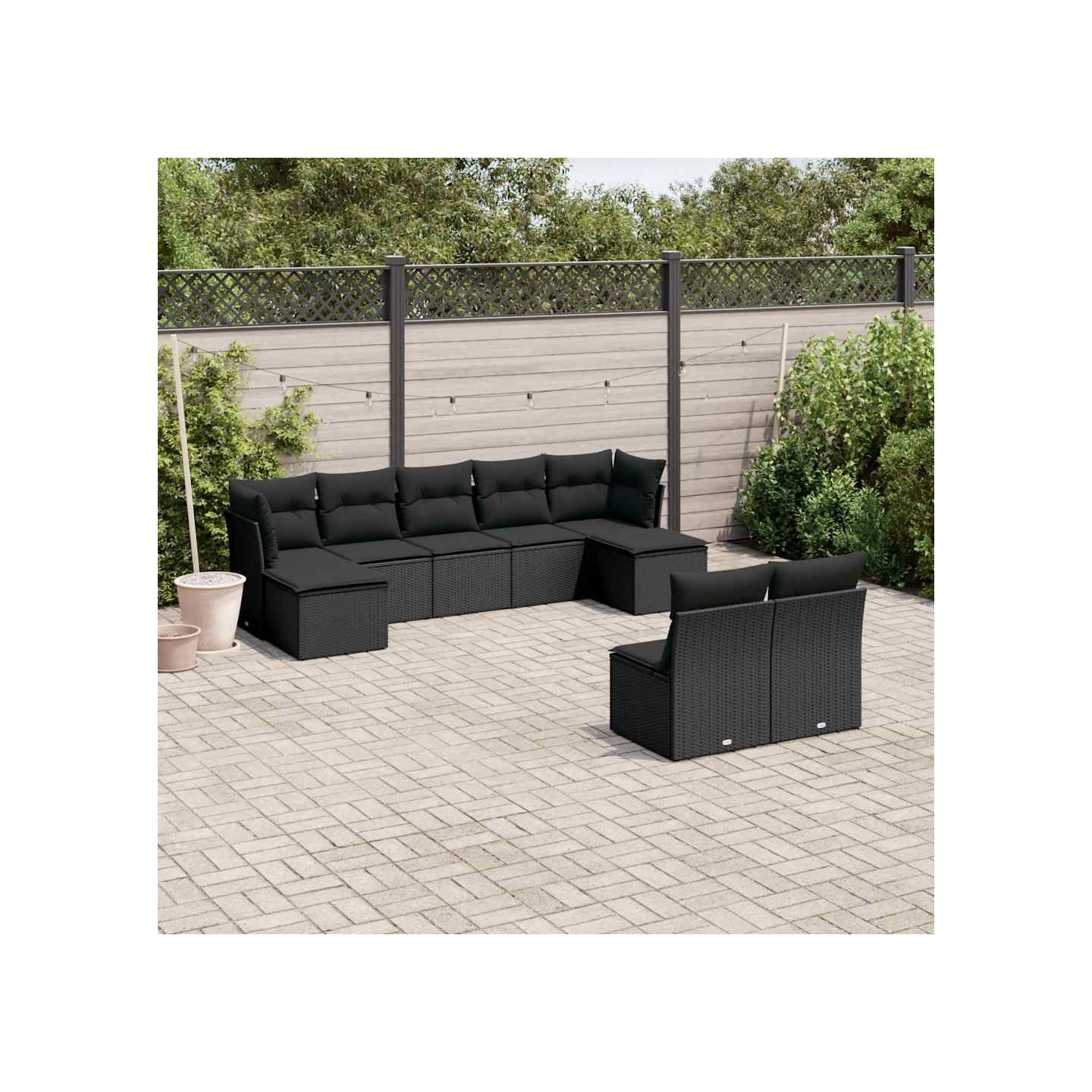 Salon de jardin 9 pcs avec coussins noir résine tressée