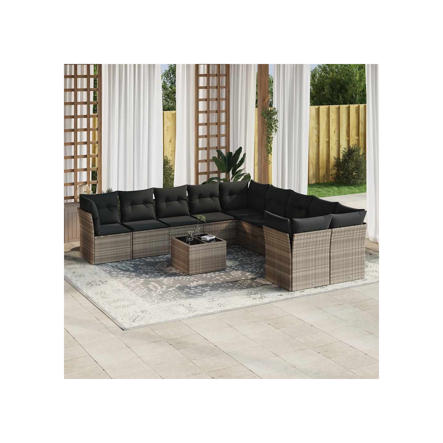 Salon de jardin 11 pcs avec coussins gris clair résine tressée