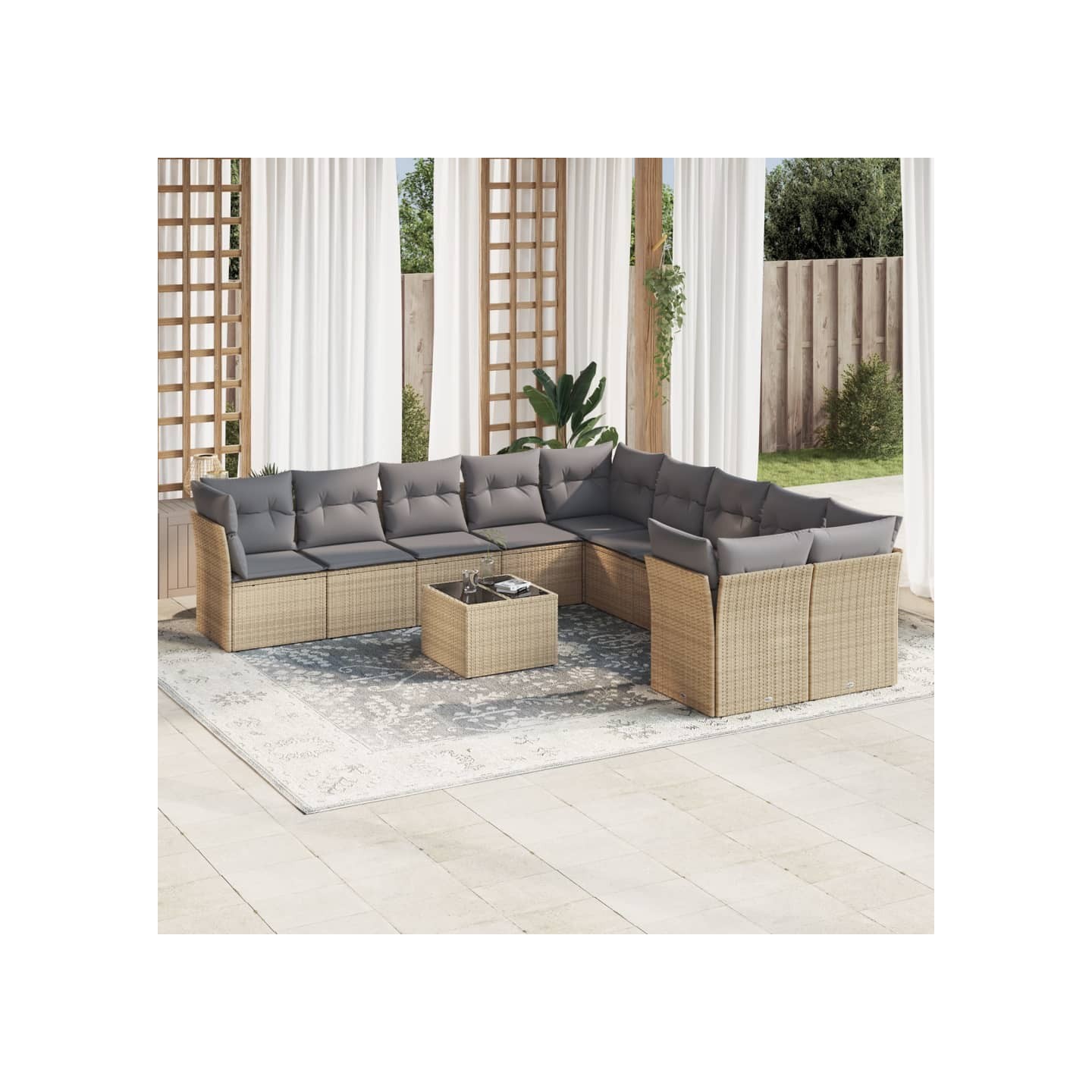 Salon de jardin 11 pcs avec coussins beige résine tressée
