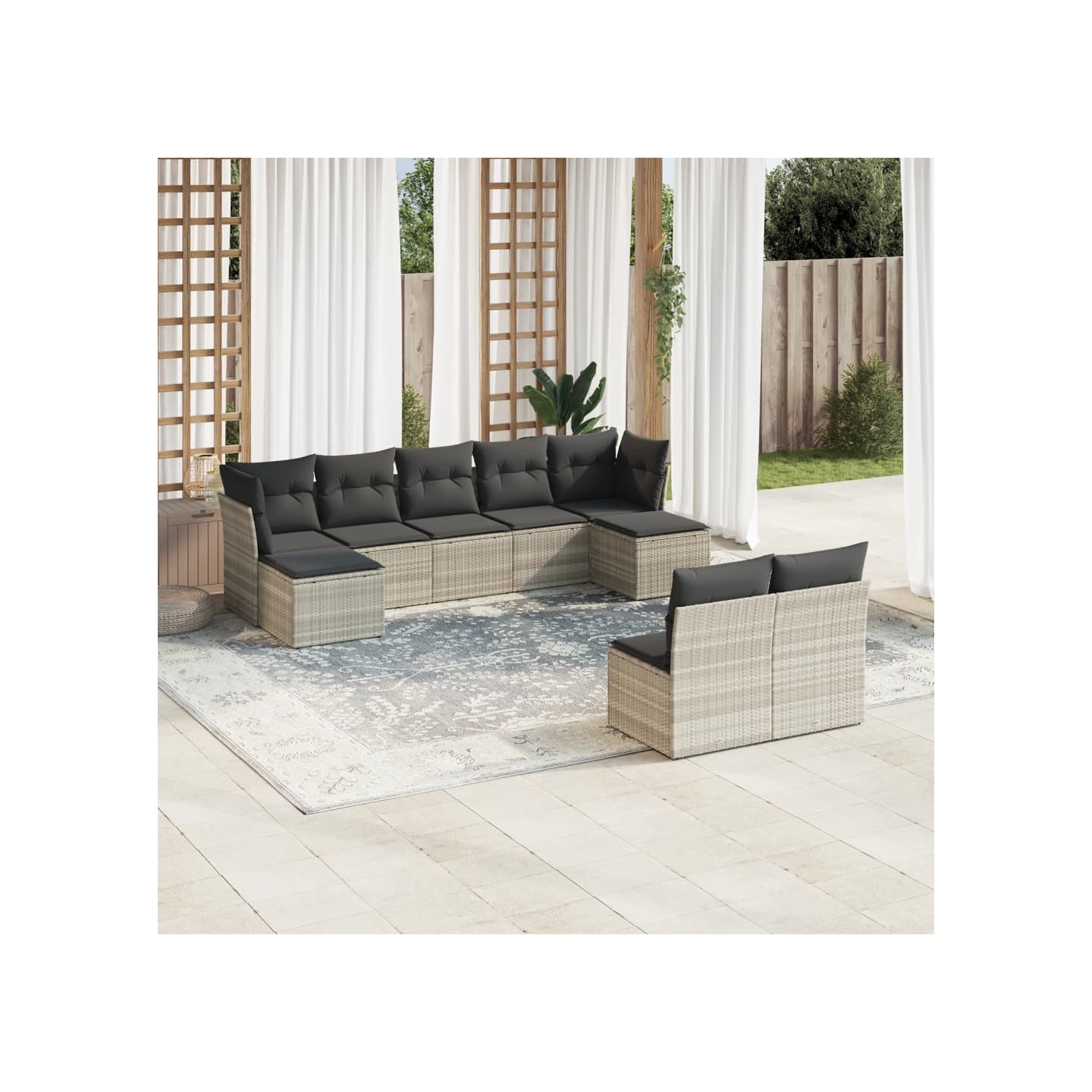 Salon de jardin 9 pcs avec coussins gris clair résine tressée