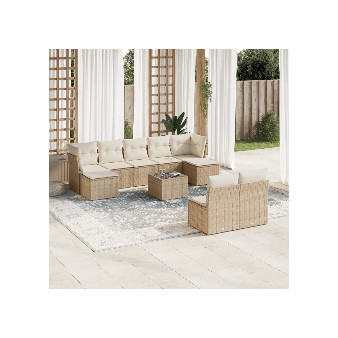 Salon de jardin avec coussins 10 pcs beige résine tressée