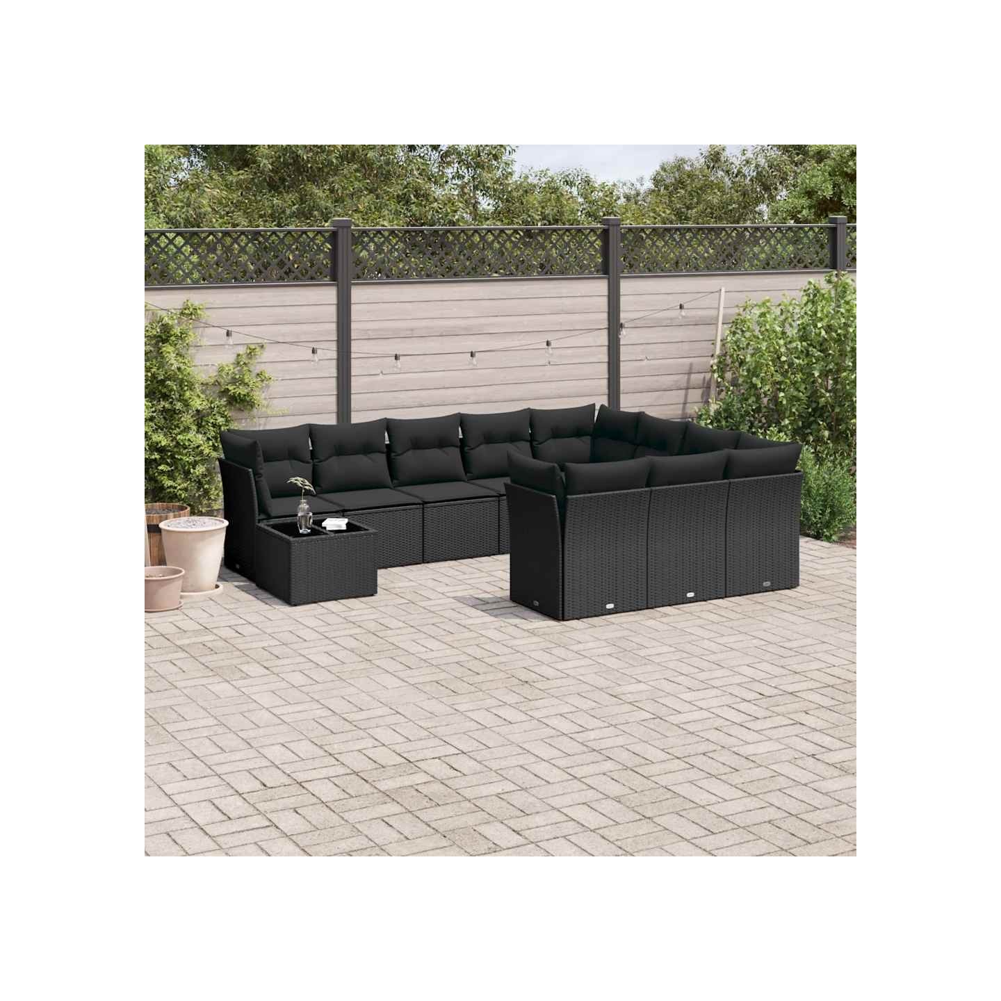 Salon de jardin 11 pcs avec coussins noir résine tressée