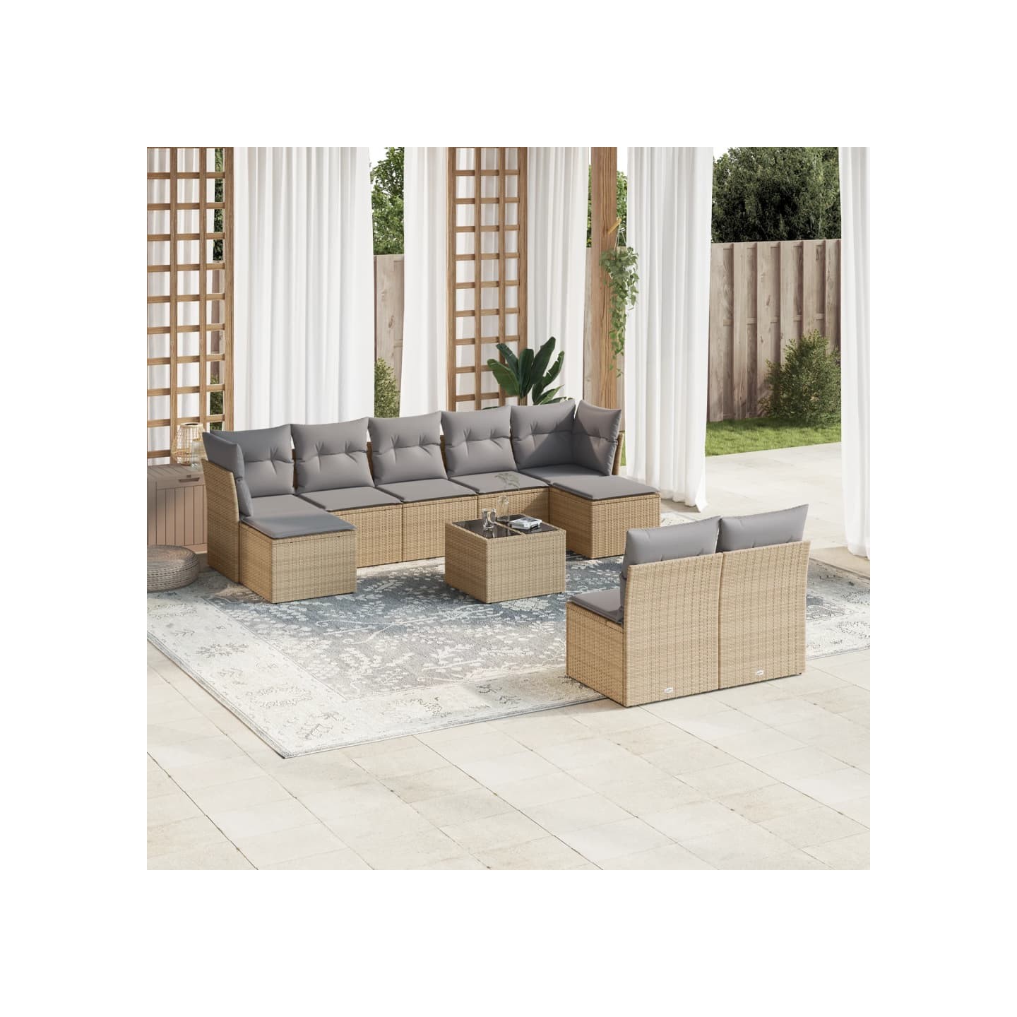 Salon de jardin avec coussins 10 pcs beige résine tressée