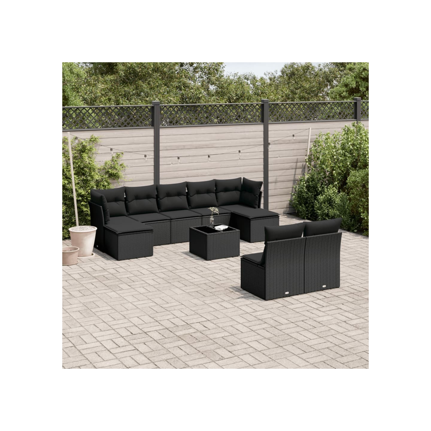 Salon de jardin 10 pcs avec coussins noir résine tressée