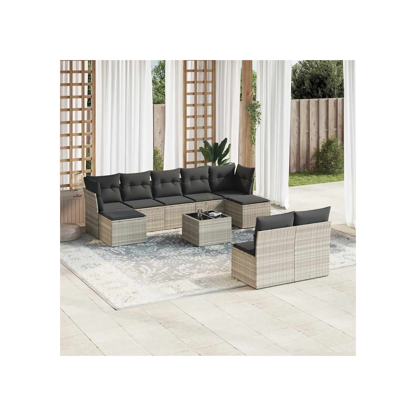 Salon de jardin avec coussins 10 pcs gris clair résine tressée