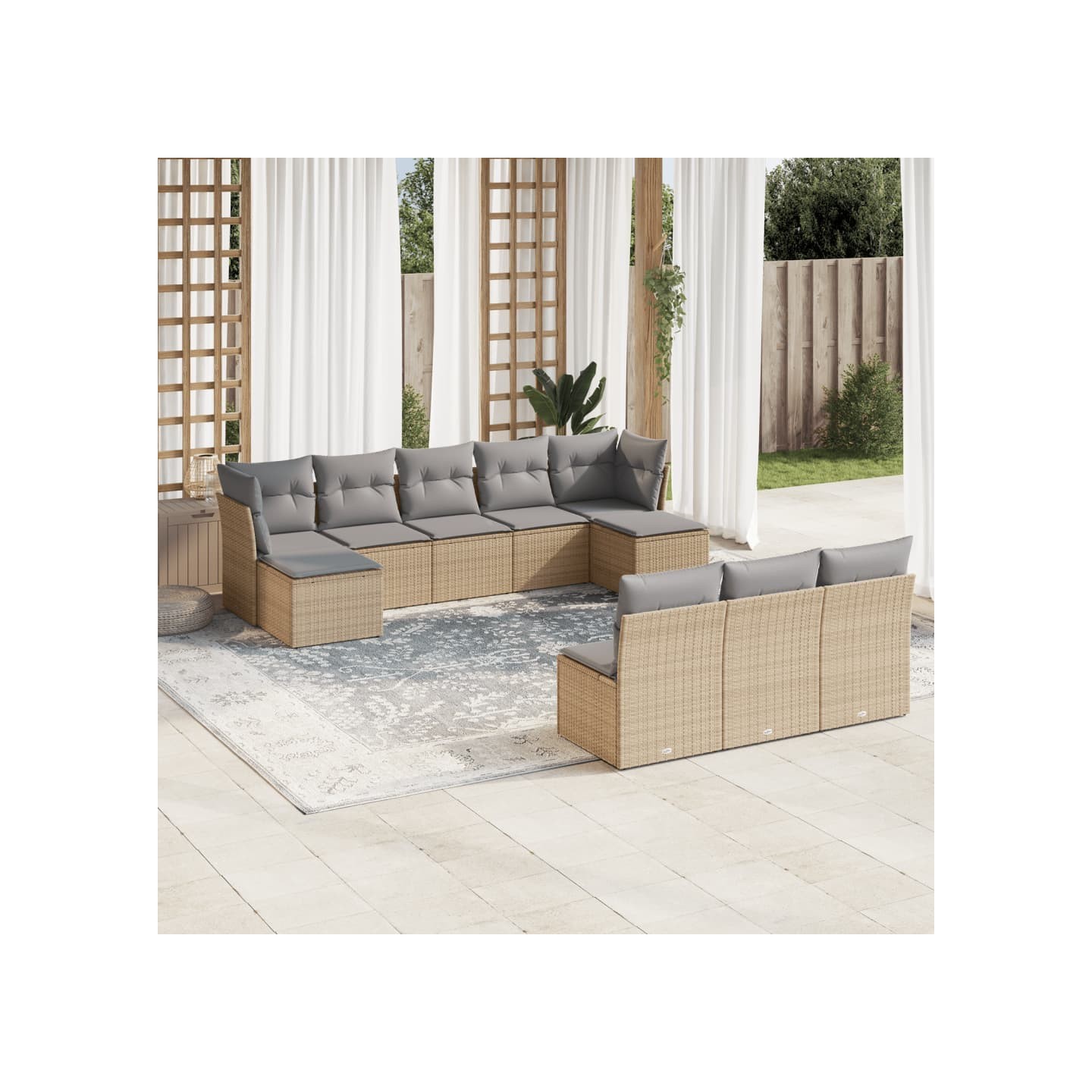 Salon de jardin avec coussins 10 pcs beige résine tressée