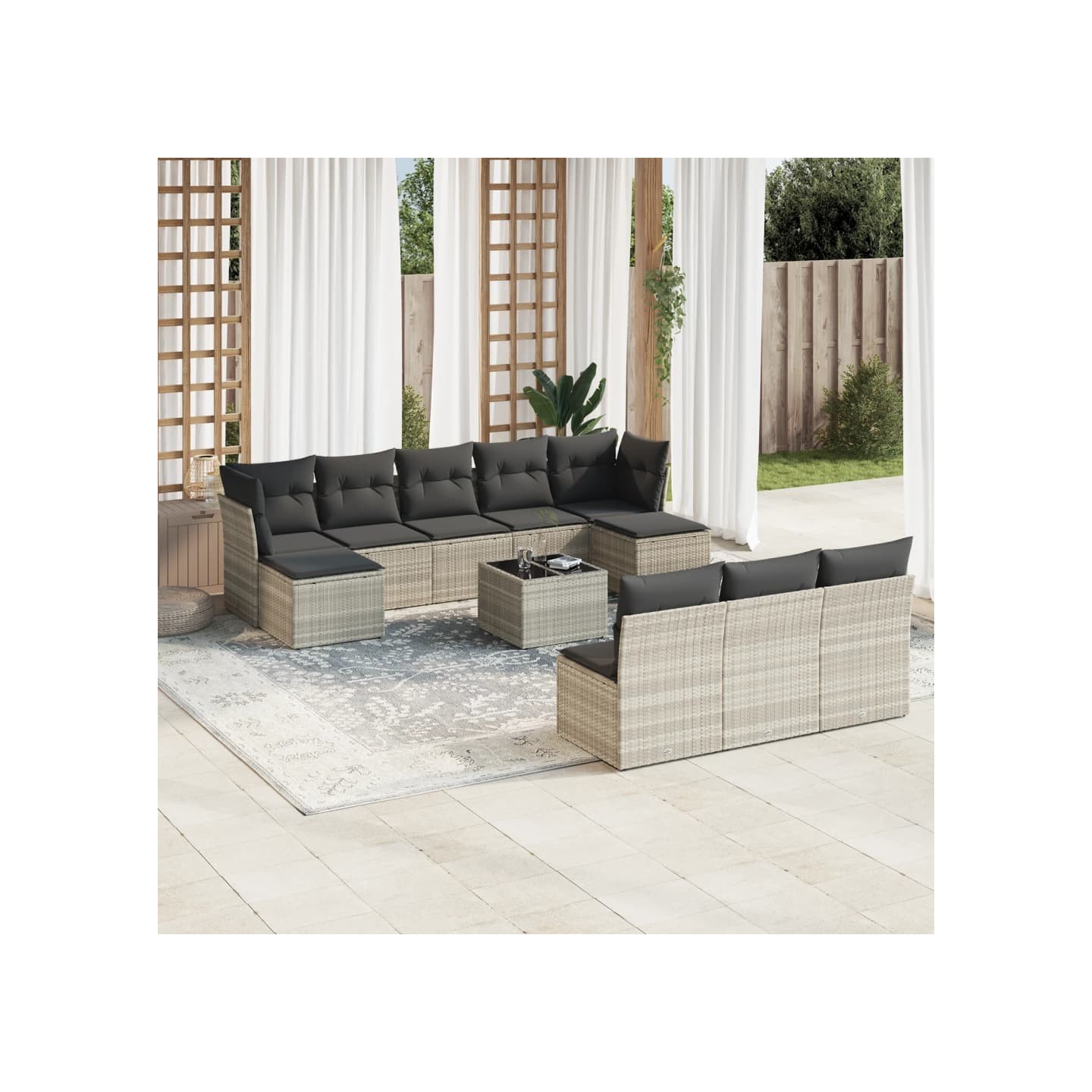 Salon de jardin 11 pcs avec coussins gris clair résine tressée