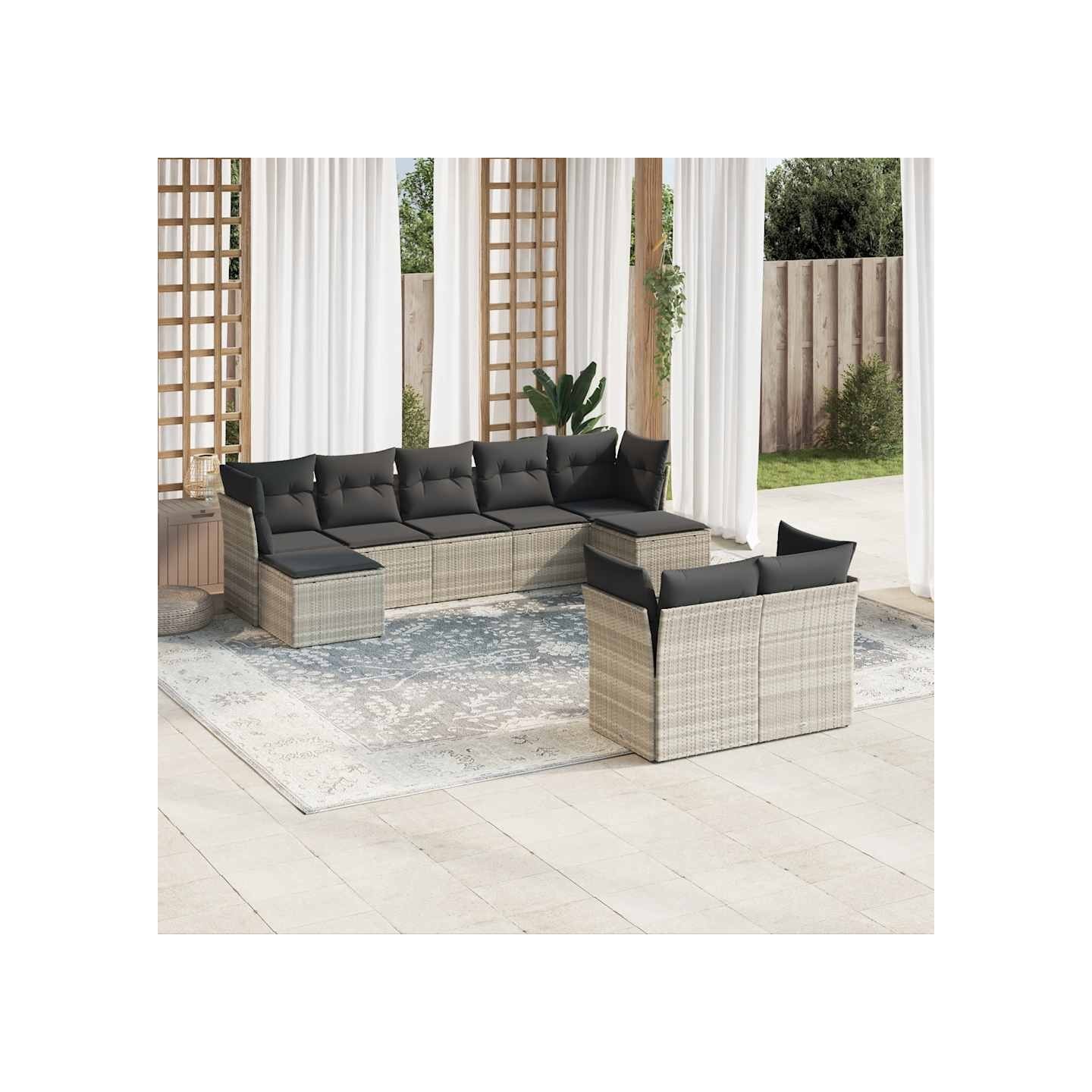 Salon de jardin 9 pcs avec coussins gris clair résine tressée