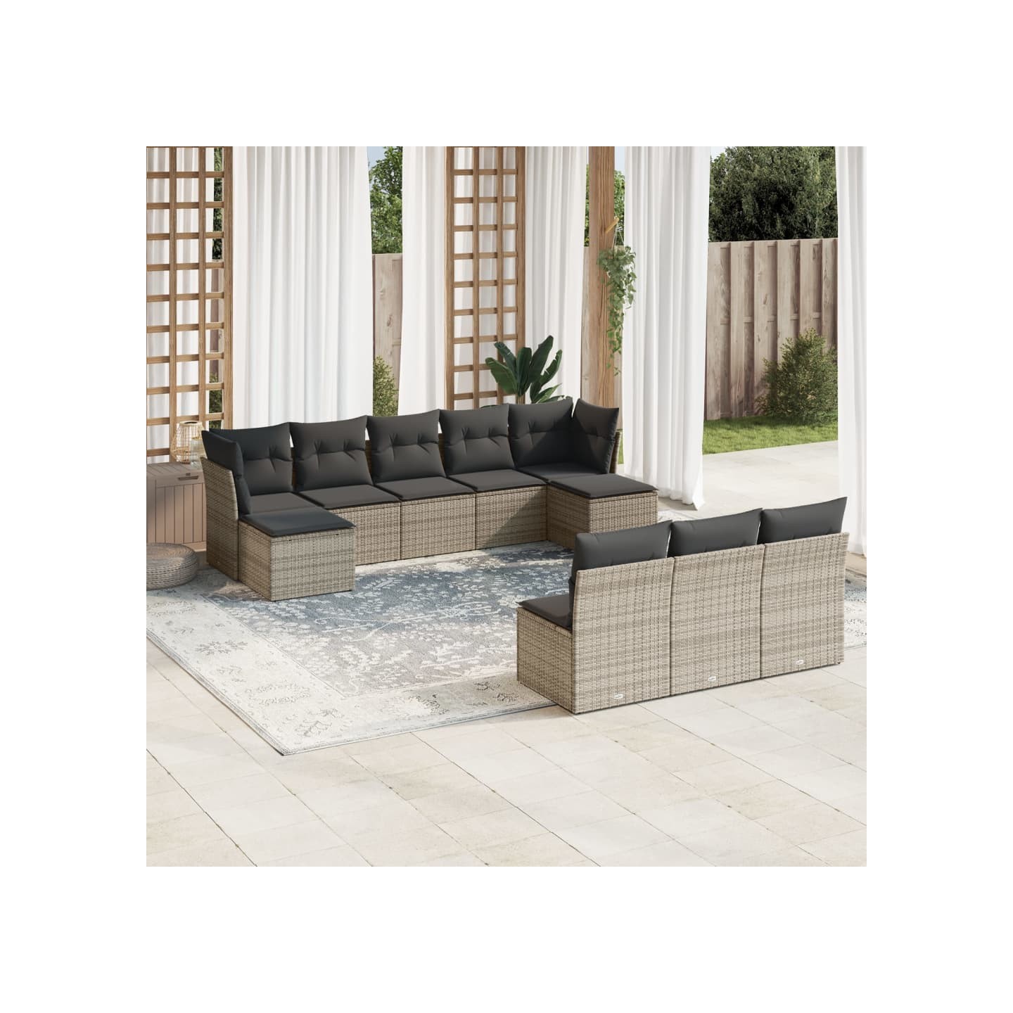 Salon de jardin avec coussins 10 pcs gris résine tressée