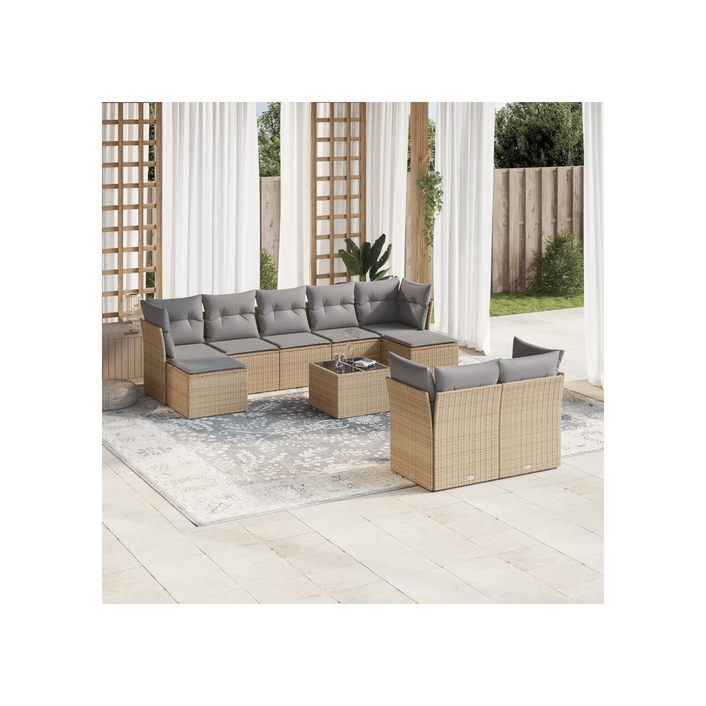 Salon de jardin avec coussins 10 pcs beige résine tressée