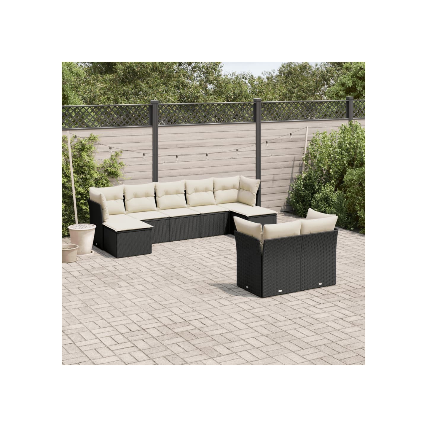 Salon de jardin 9 pcs avec coussins noir résine tressée