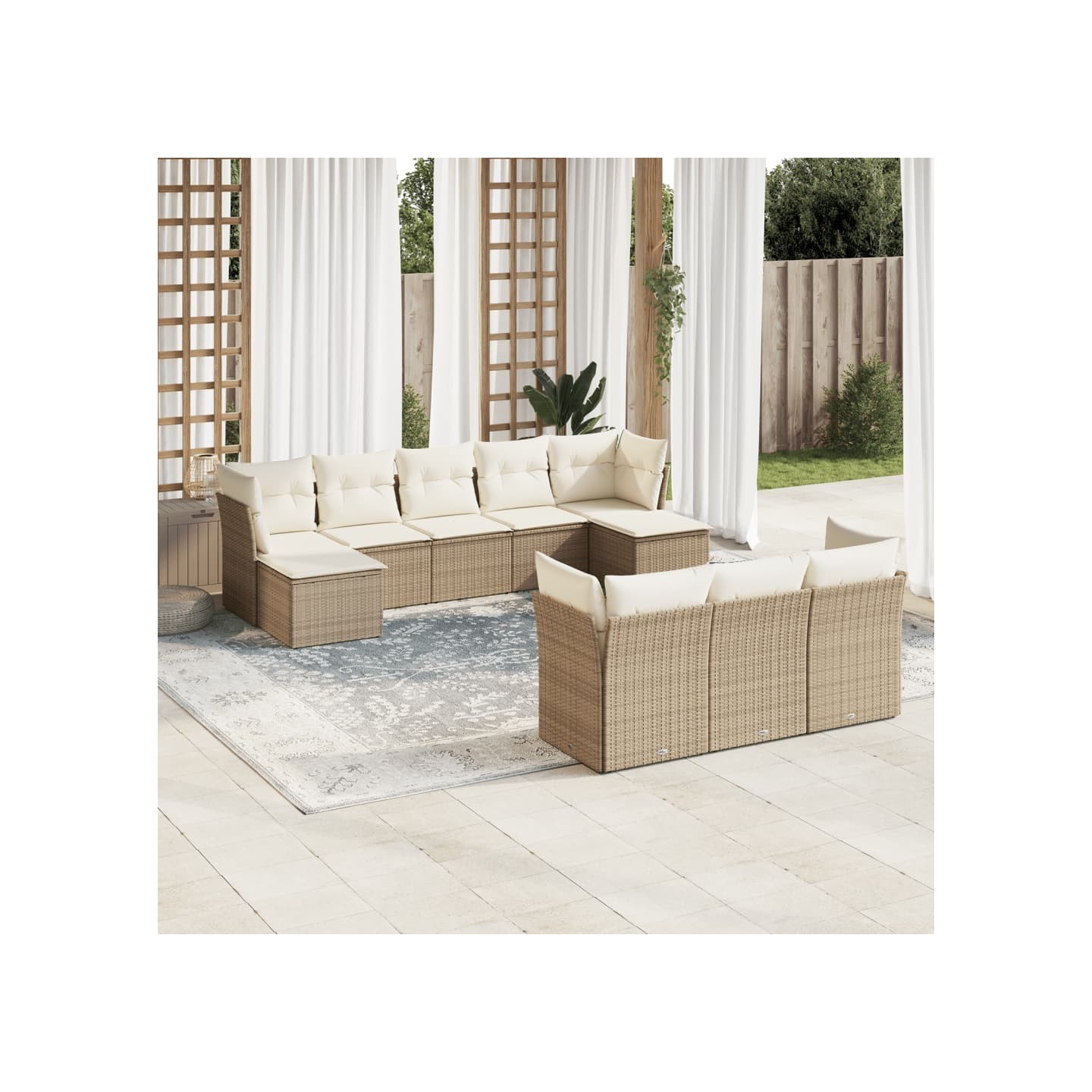 Salon de jardin avec coussins 10 pcs beige résine tressée