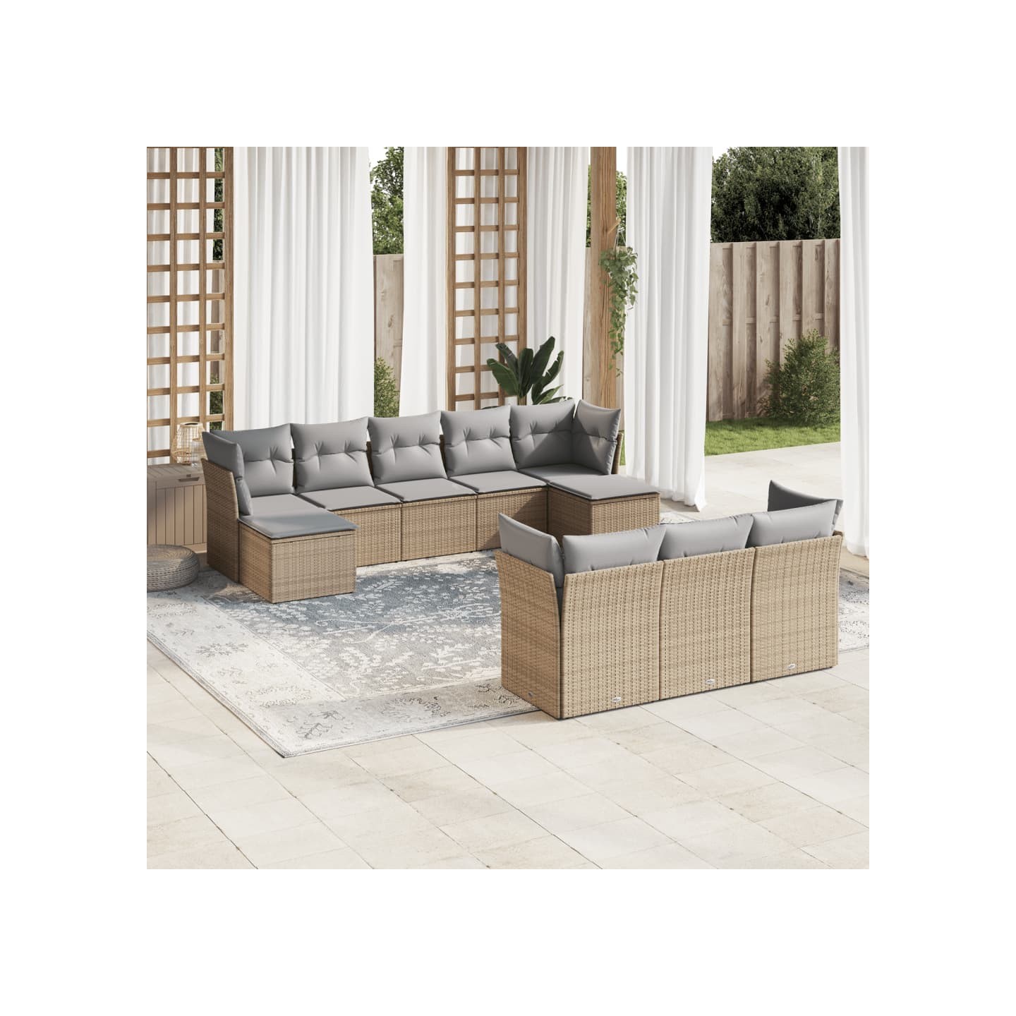 Salon de jardin avec coussins 10 pcs beige résine tressée