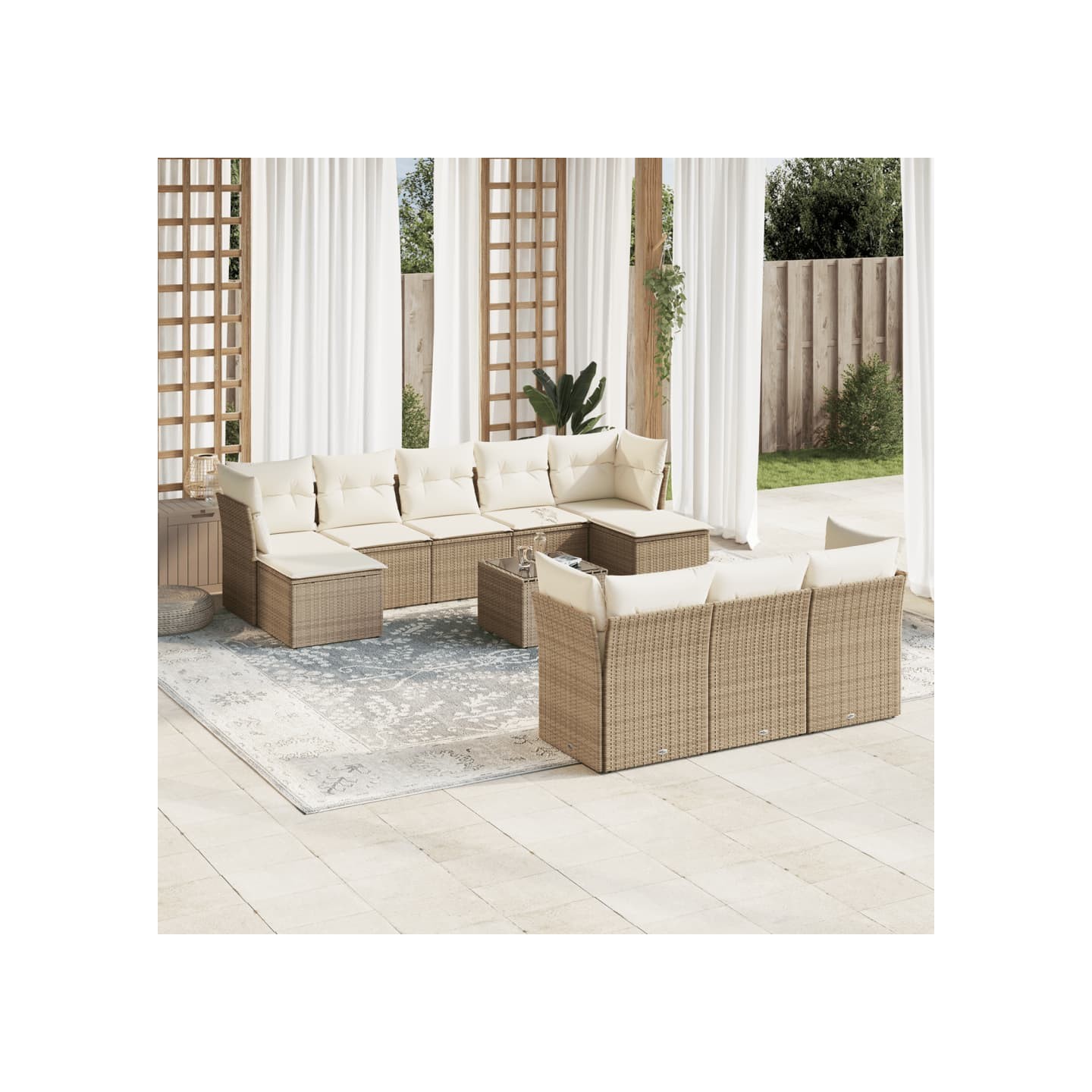 Salon de jardin 11 pcs avec coussins beige résine tressée