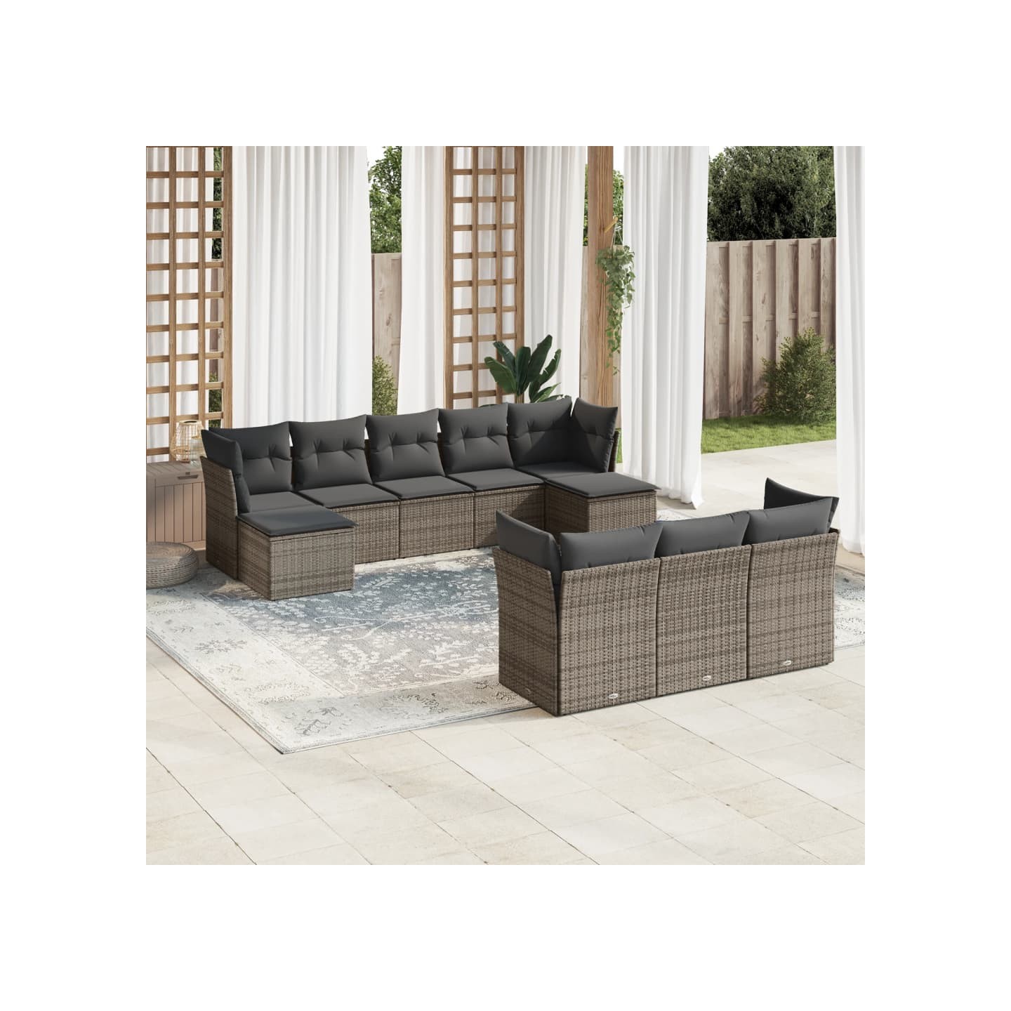 Salon de jardin avec coussins 10 pcs gris résine tressée