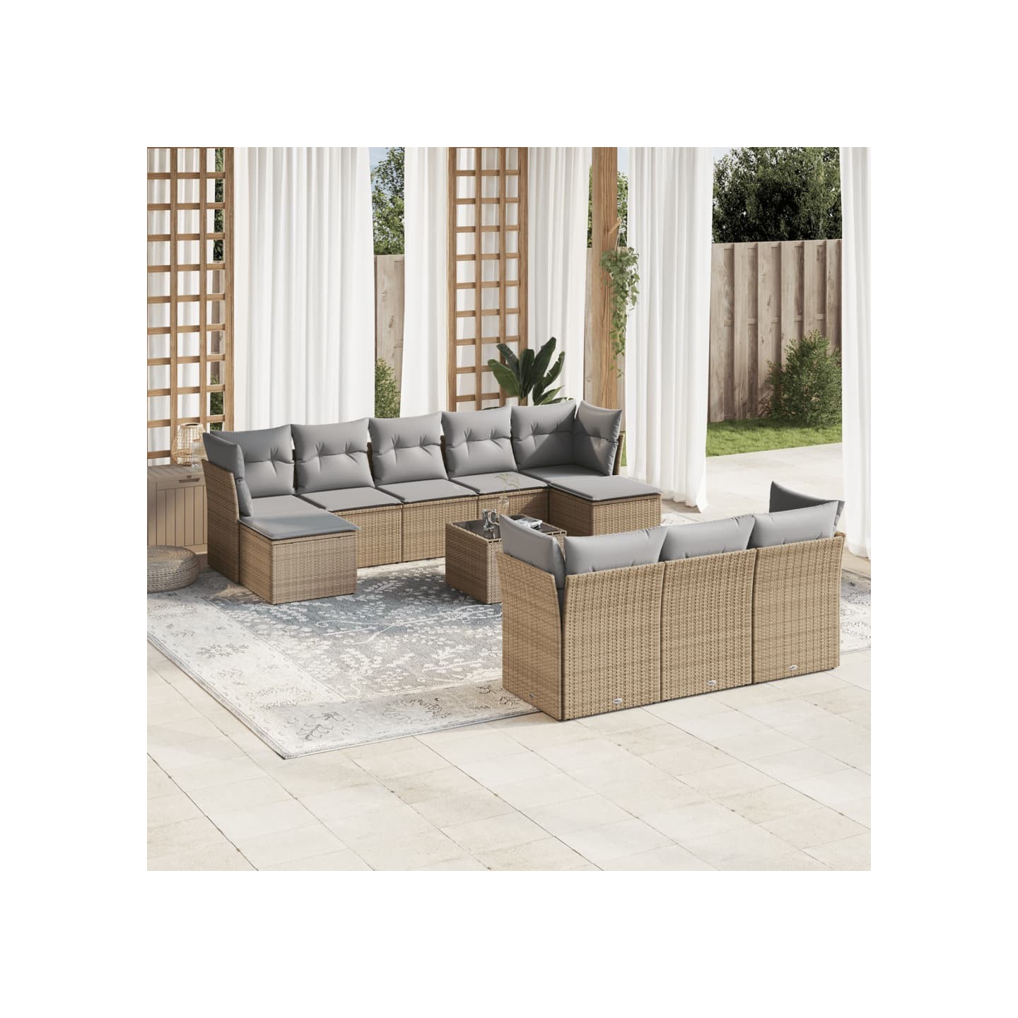 Salon de jardin 11 pcs avec coussins beige résine tressée