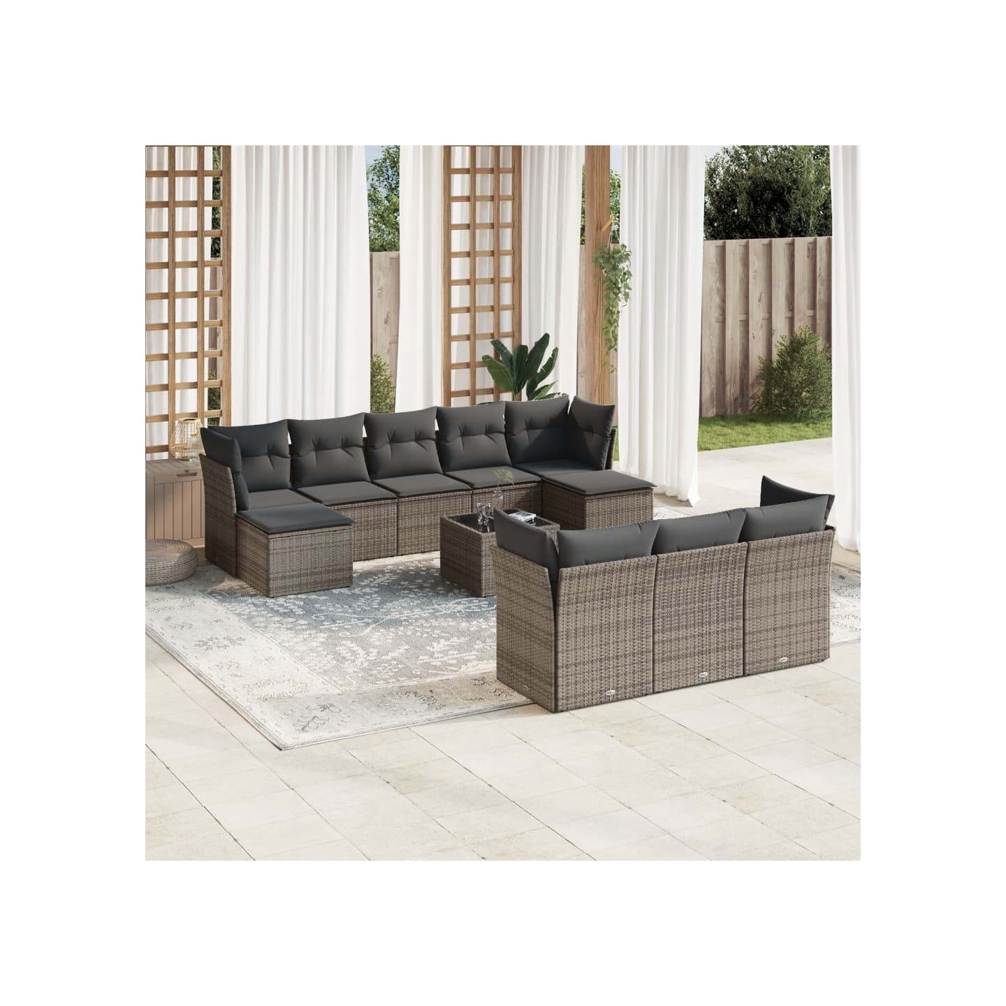 Salon de jardin 11 pcs avec coussins gris résine tressée