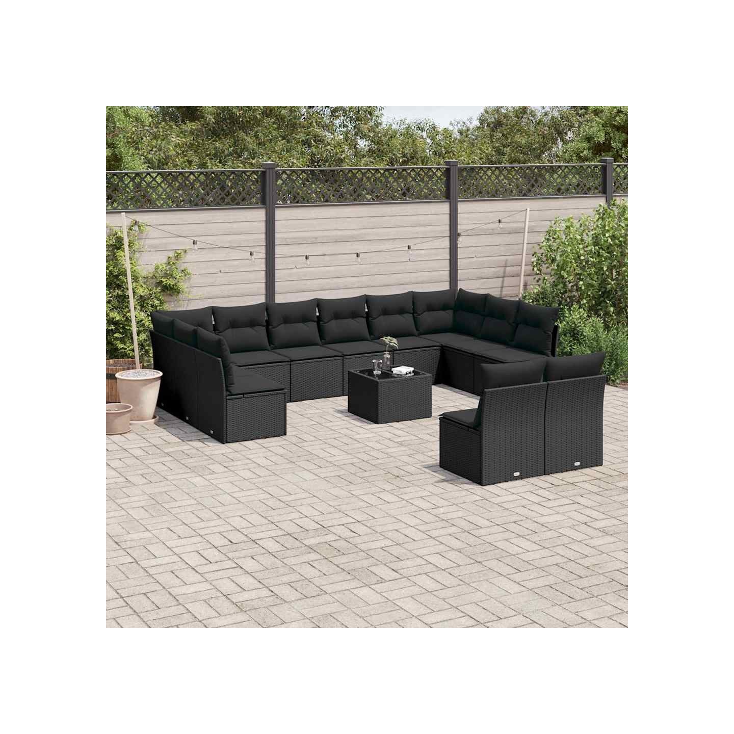 Salon de jardin avec coussins 13 pcs noir résine tressée