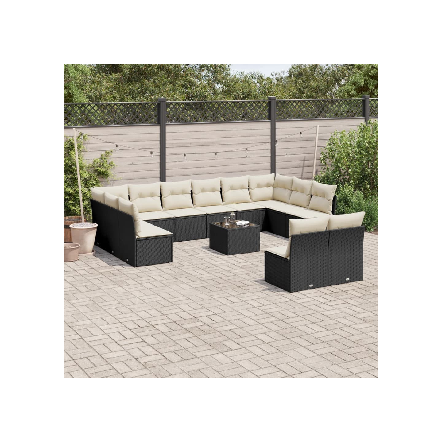 Salon de jardin avec coussins 13 pcs noir résine tressée