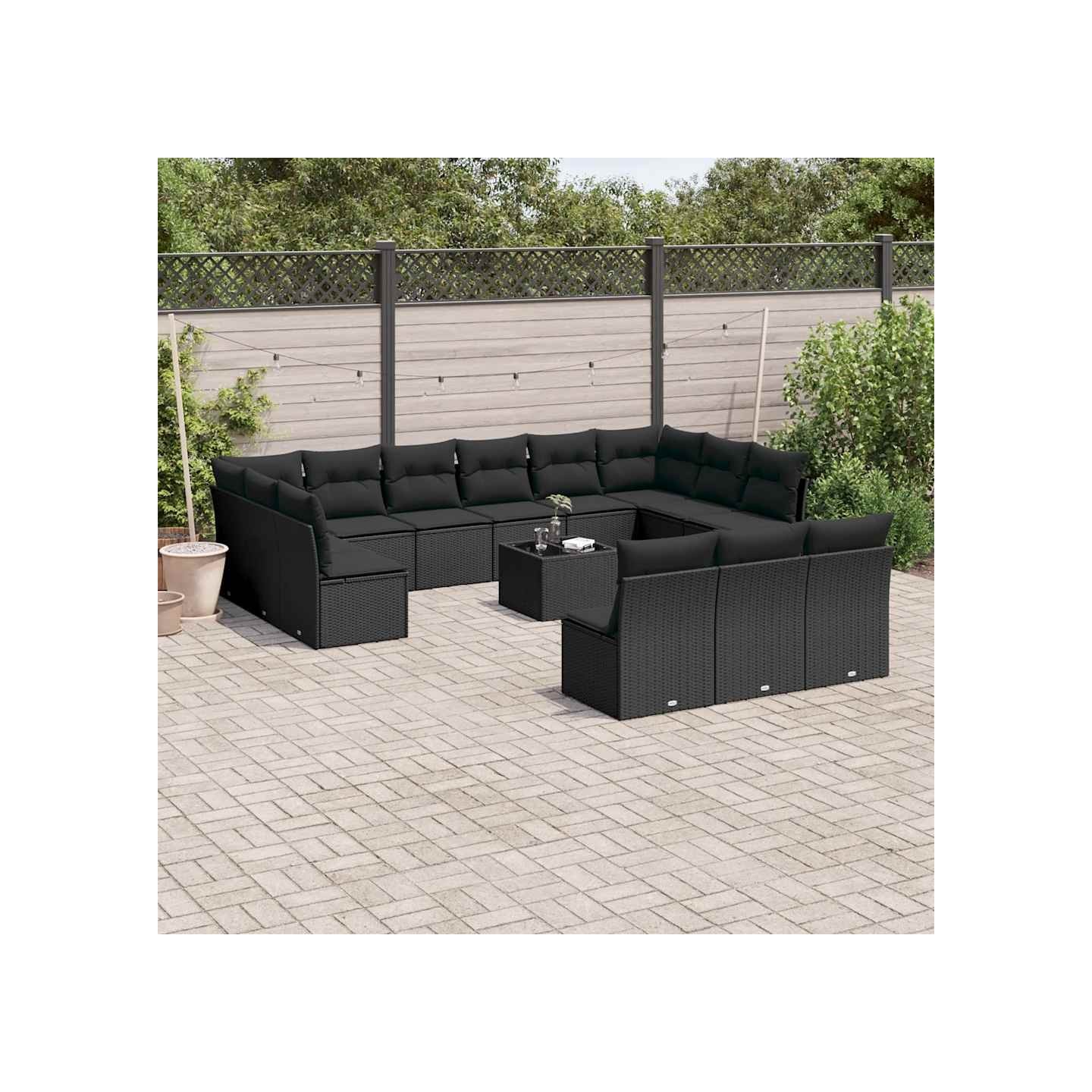 Salon de jardin avec coussins 14 pcs noir résine tressée