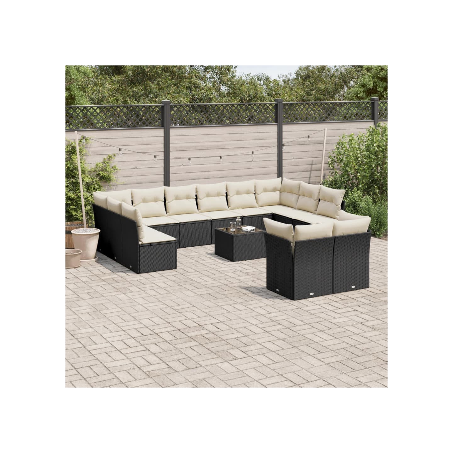 Salon de jardin avec coussins 13 pcs noir résine tressée