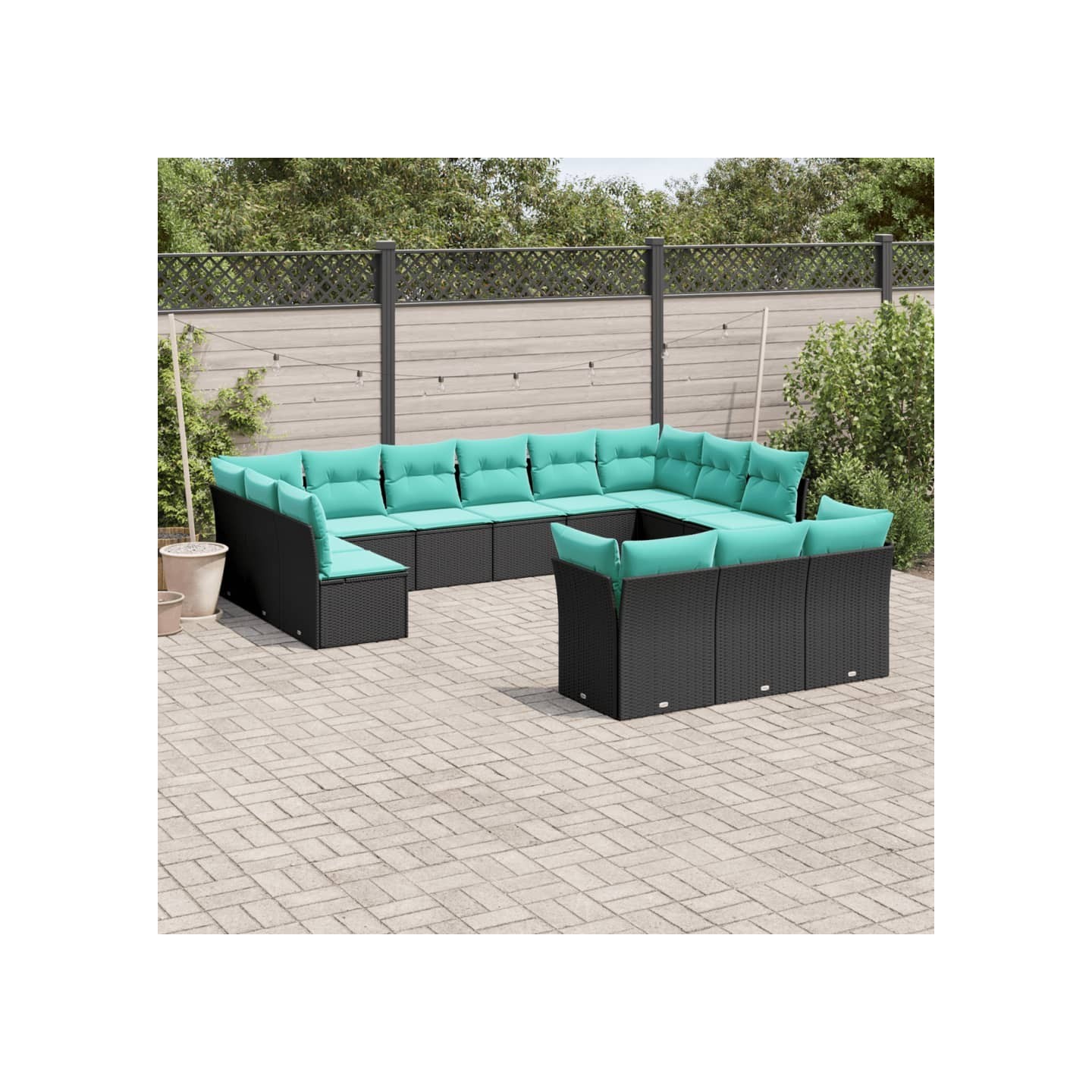 Salon de jardin avec coussins 13 pcs noir résine tressée