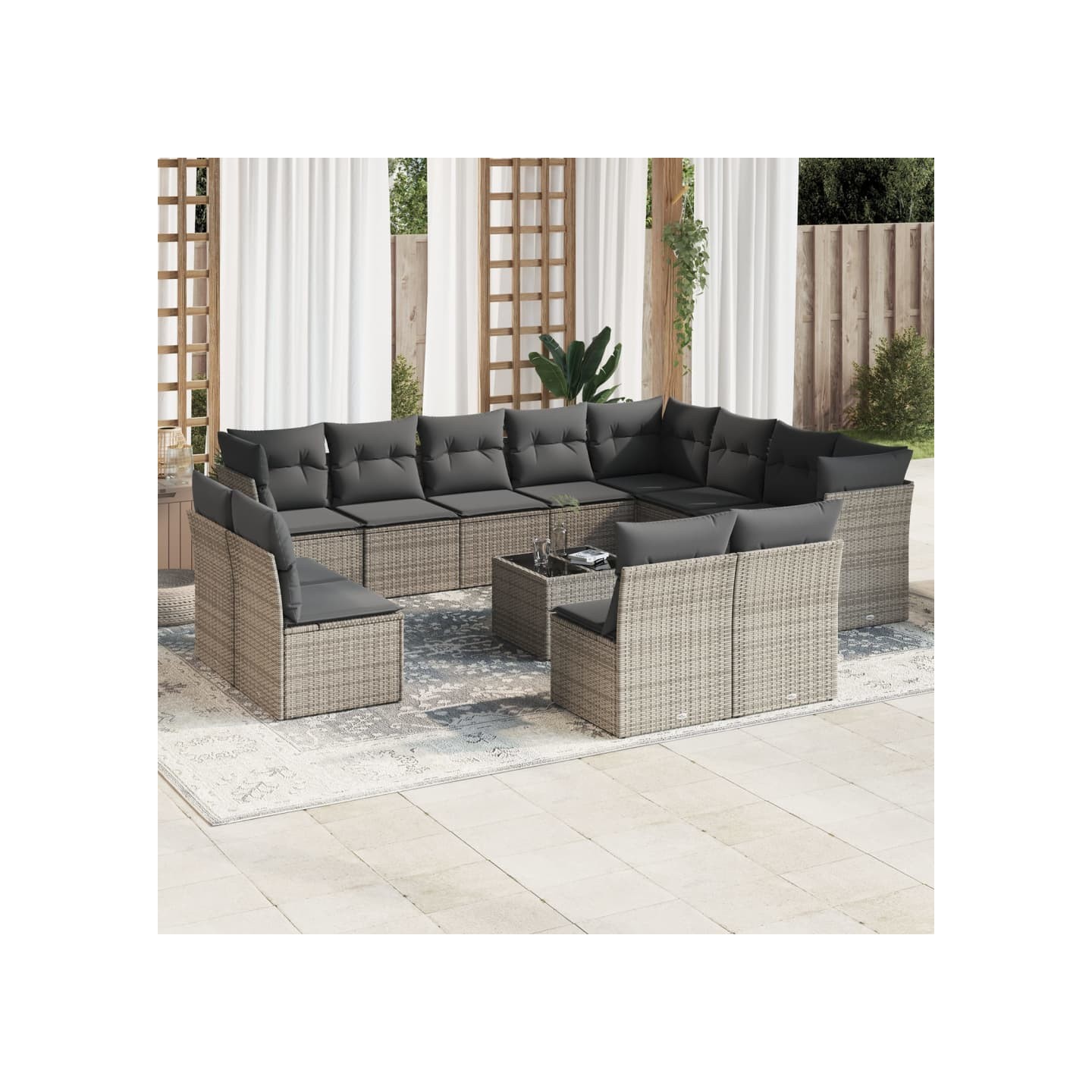 Salon de jardin avec coussins 13 pcs gris résine tressée
