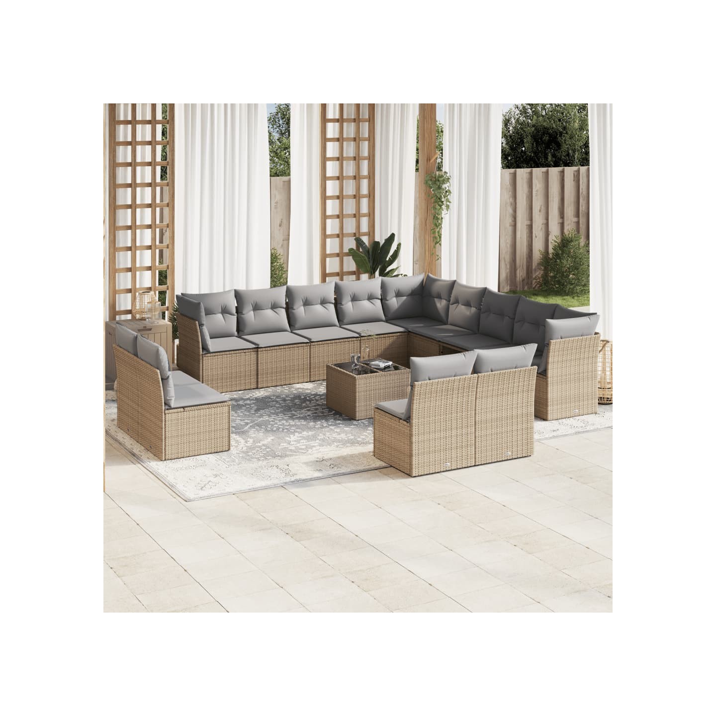 Salon de jardin avec coussins 14 pcs beige résine tressée