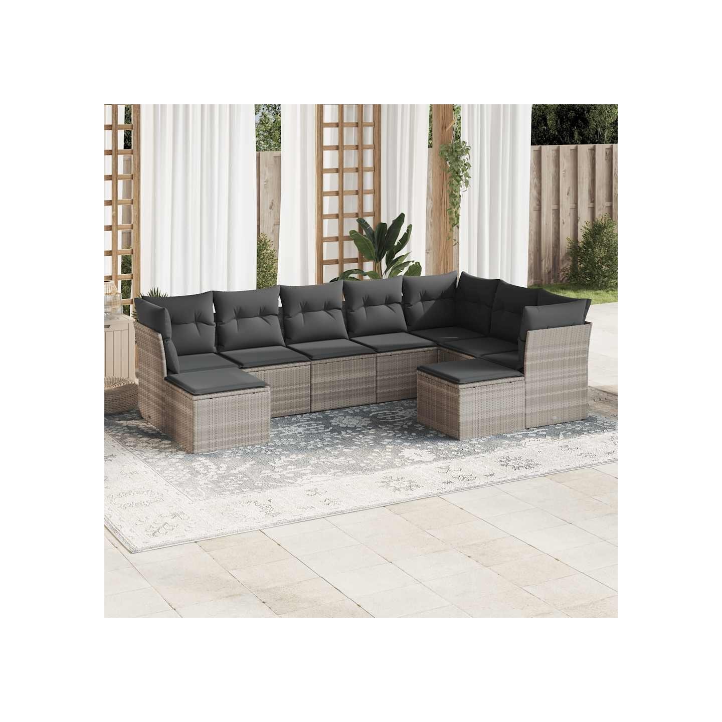 Salon de jardin 9 pcs avec coussins gris clair résine tressée