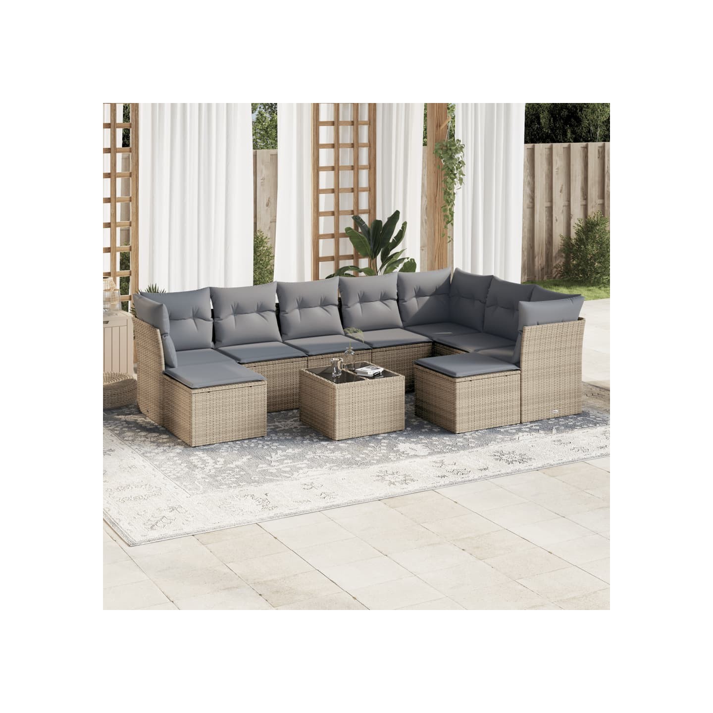 Salon de jardin avec coussins 10 pcs beige résine tressée