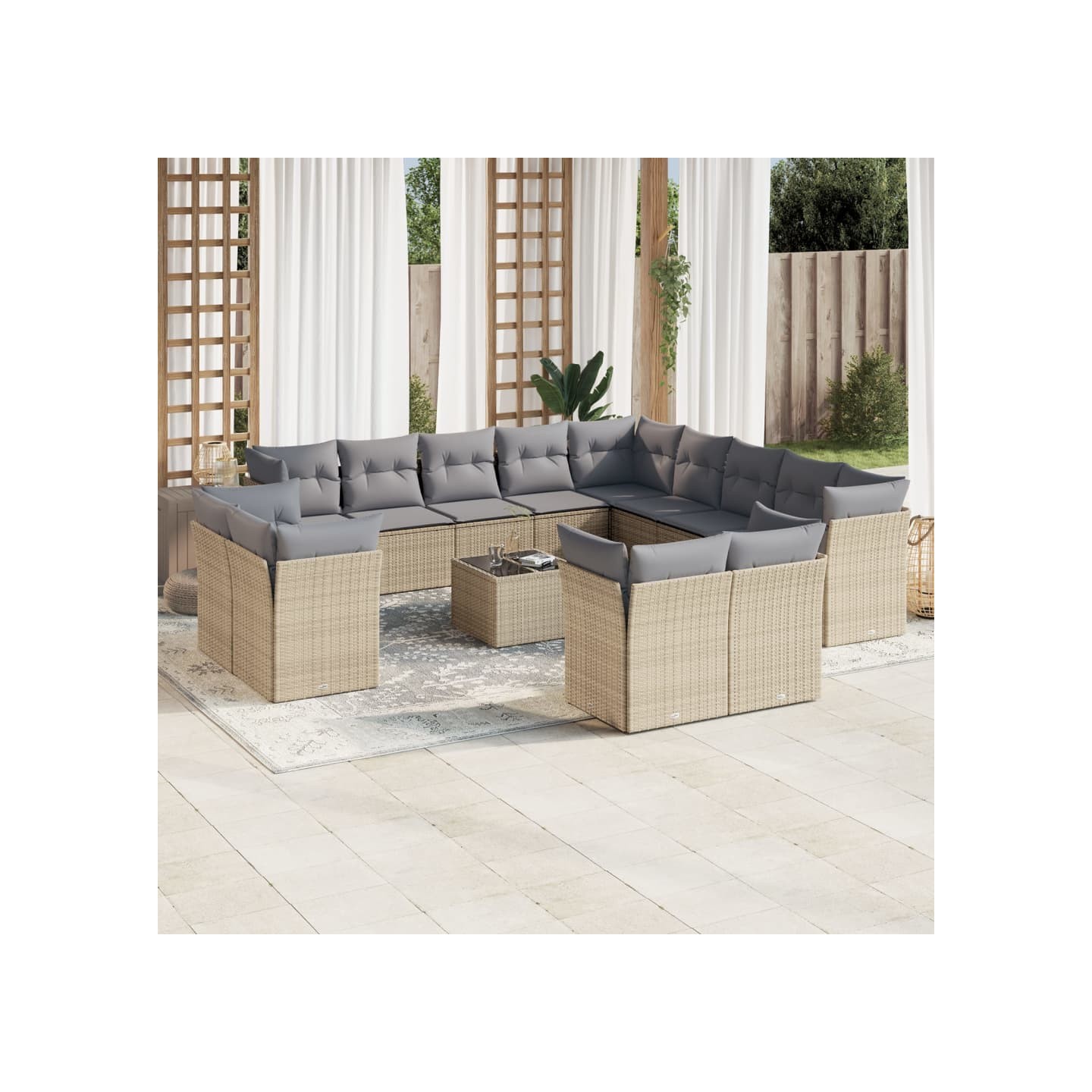 Salon de jardin avec coussins 14 pcs beige résine tressée