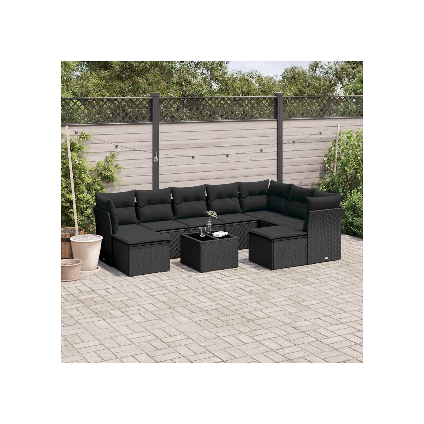 Salon de jardin 10 pcs avec coussins noir résine tressée