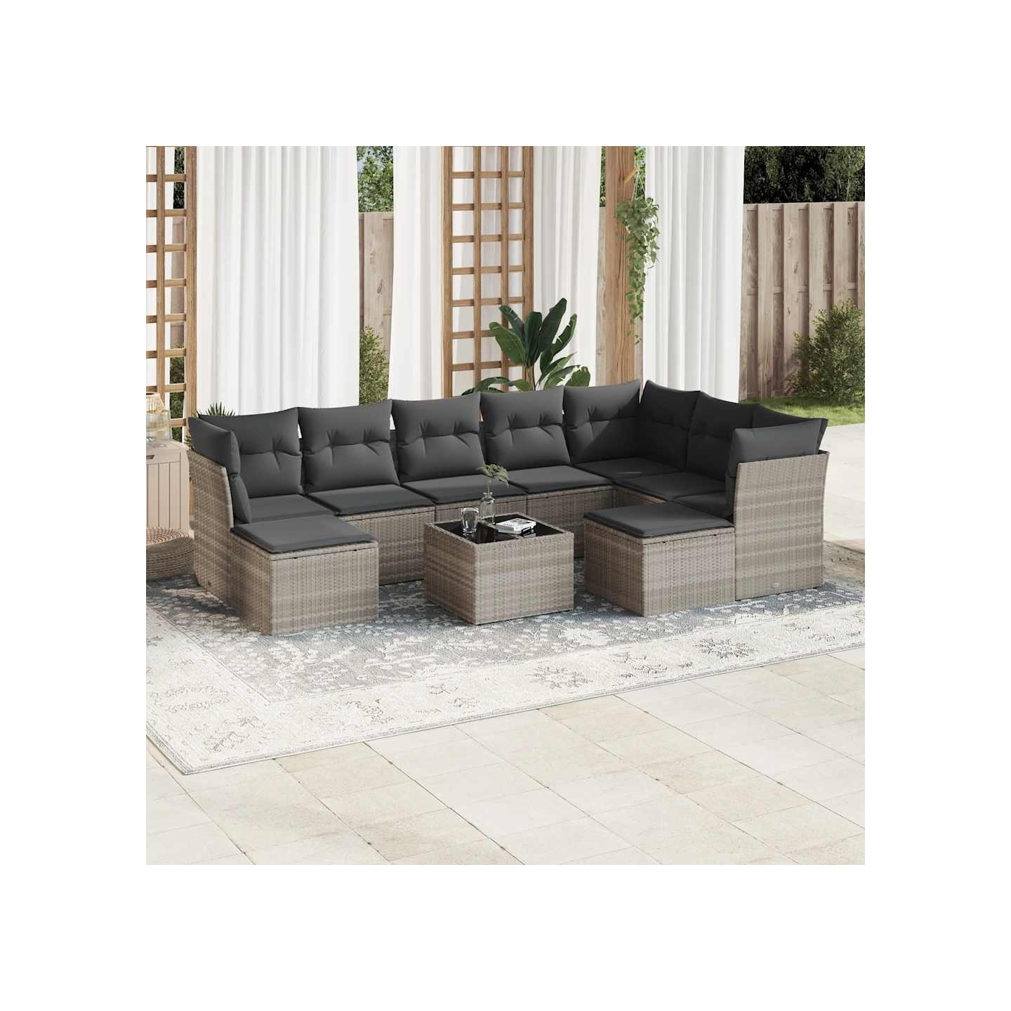 Salon de jardin avec coussins 10 pcs gris clair résine tressée