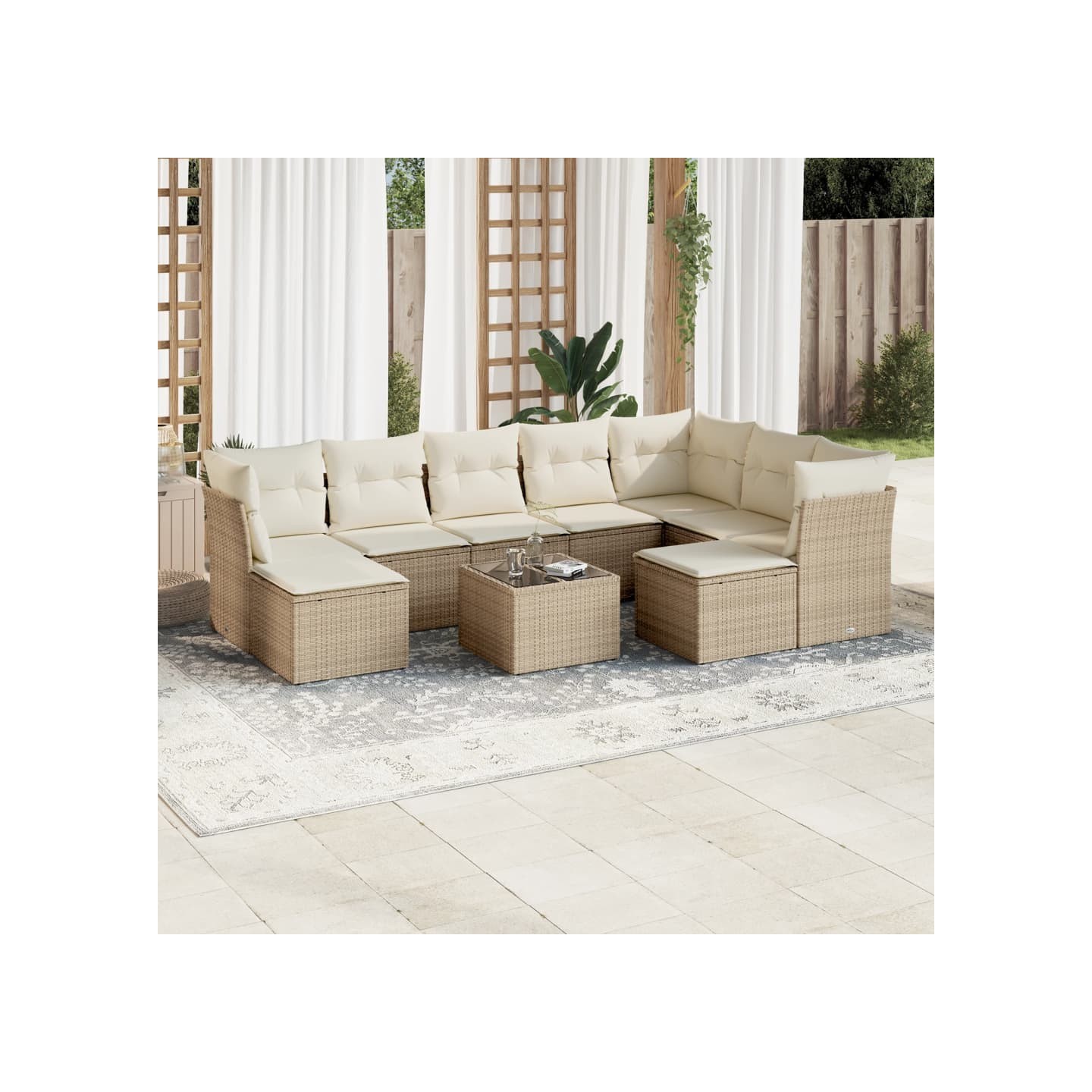 Salon de jardin avec coussins 10 pcs beige résine tressée