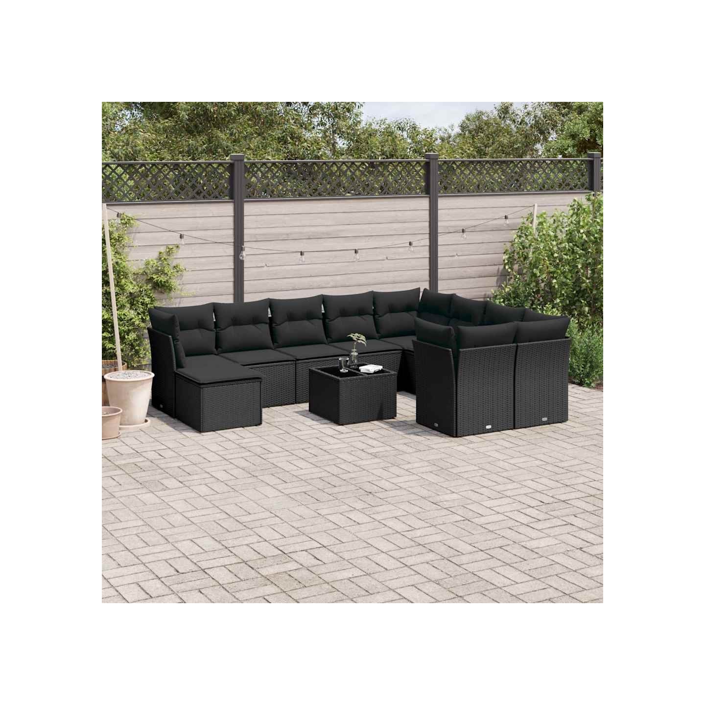 Salon de jardin 11 pcs avec coussins noir résine tressée