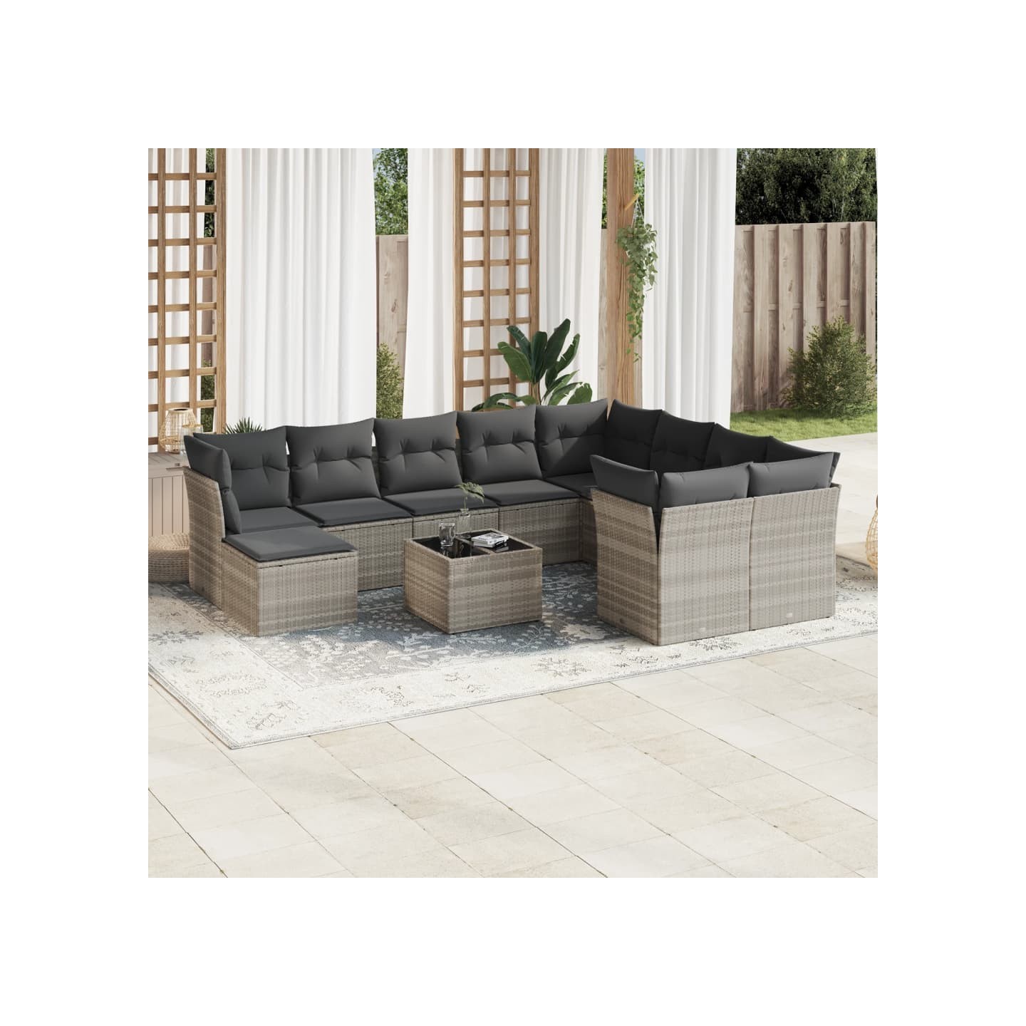 Salon de jardin 11 pcs avec coussins gris clair résine tressée