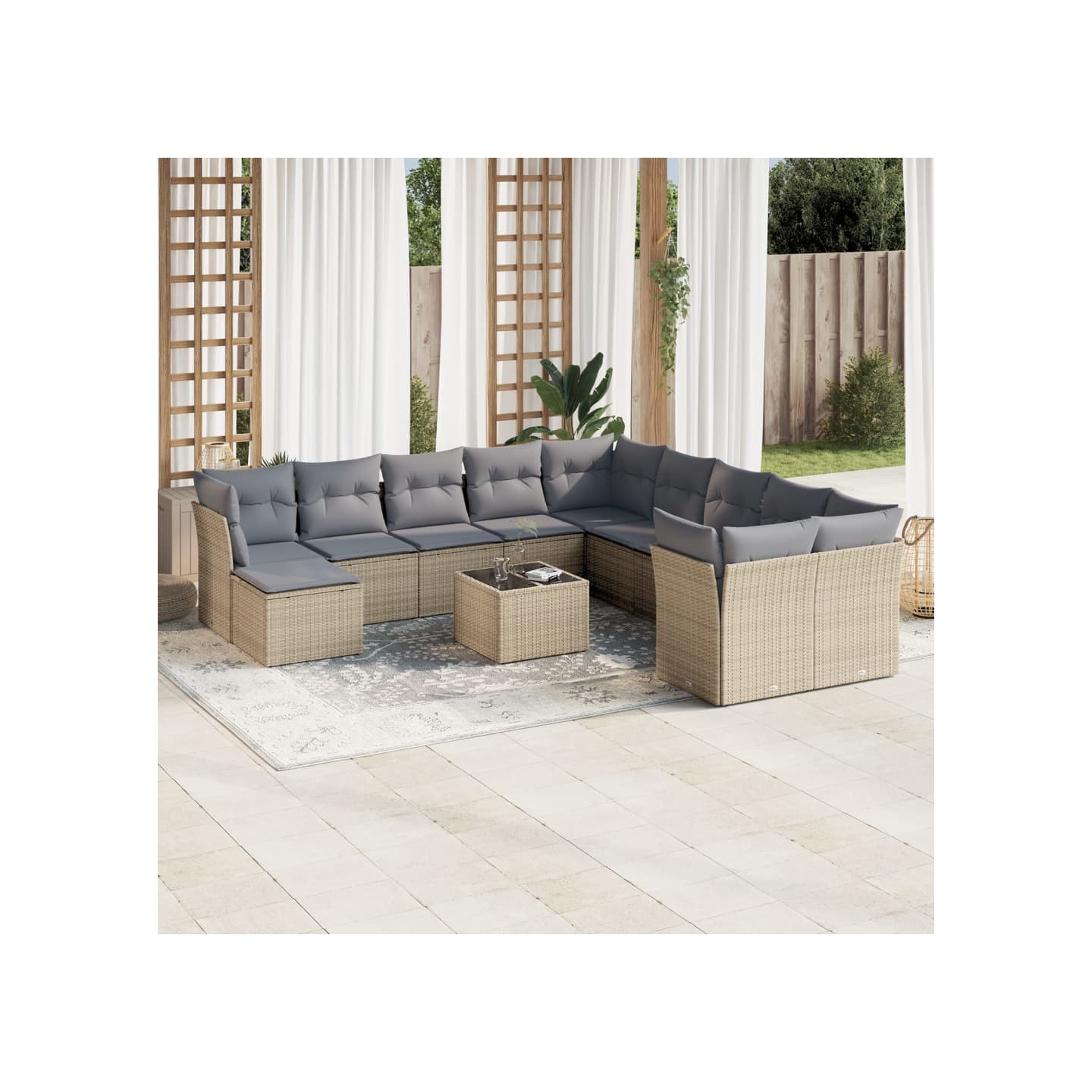 Salon de jardin avec coussins 12 pcs beige résine tressée