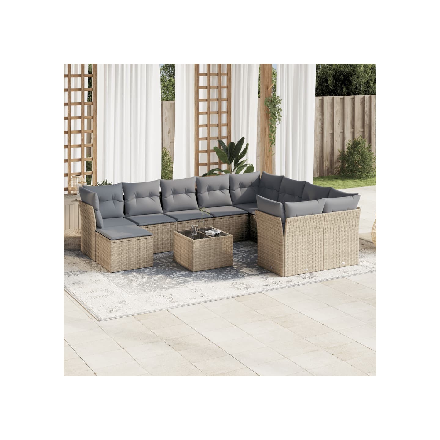 Salon de jardin 11 pcs avec coussins beige résine tressée