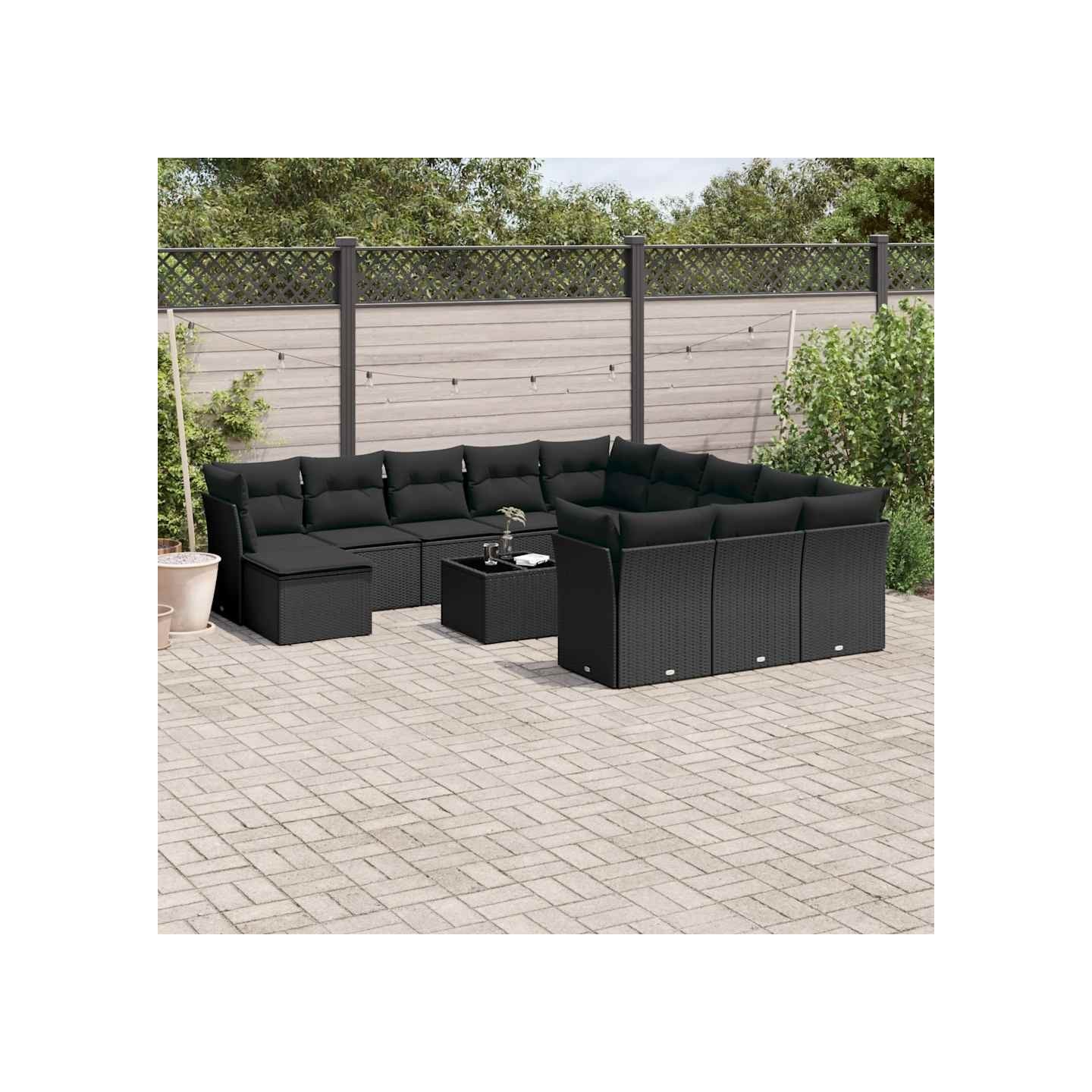 Salon de jardin avec coussins 13 pcs noir résine tressée