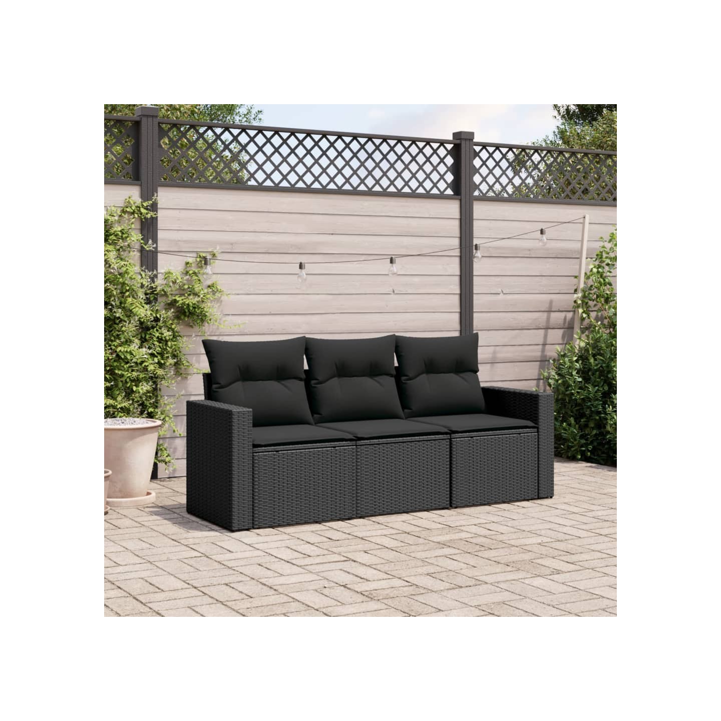 Salon de jardin 3 pcs avec coussins noir résine tressée