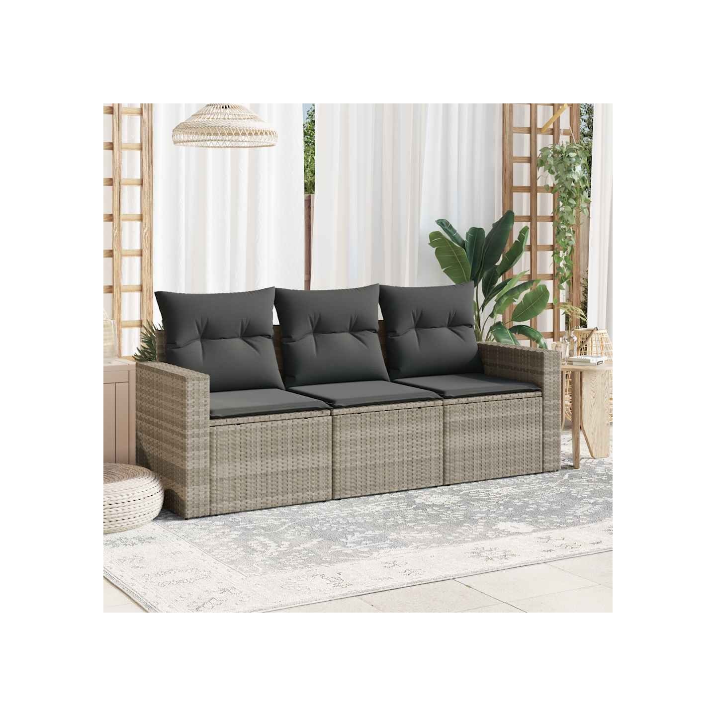 Salon de jardin avec coussins 3 pcs gris clair résine tressée