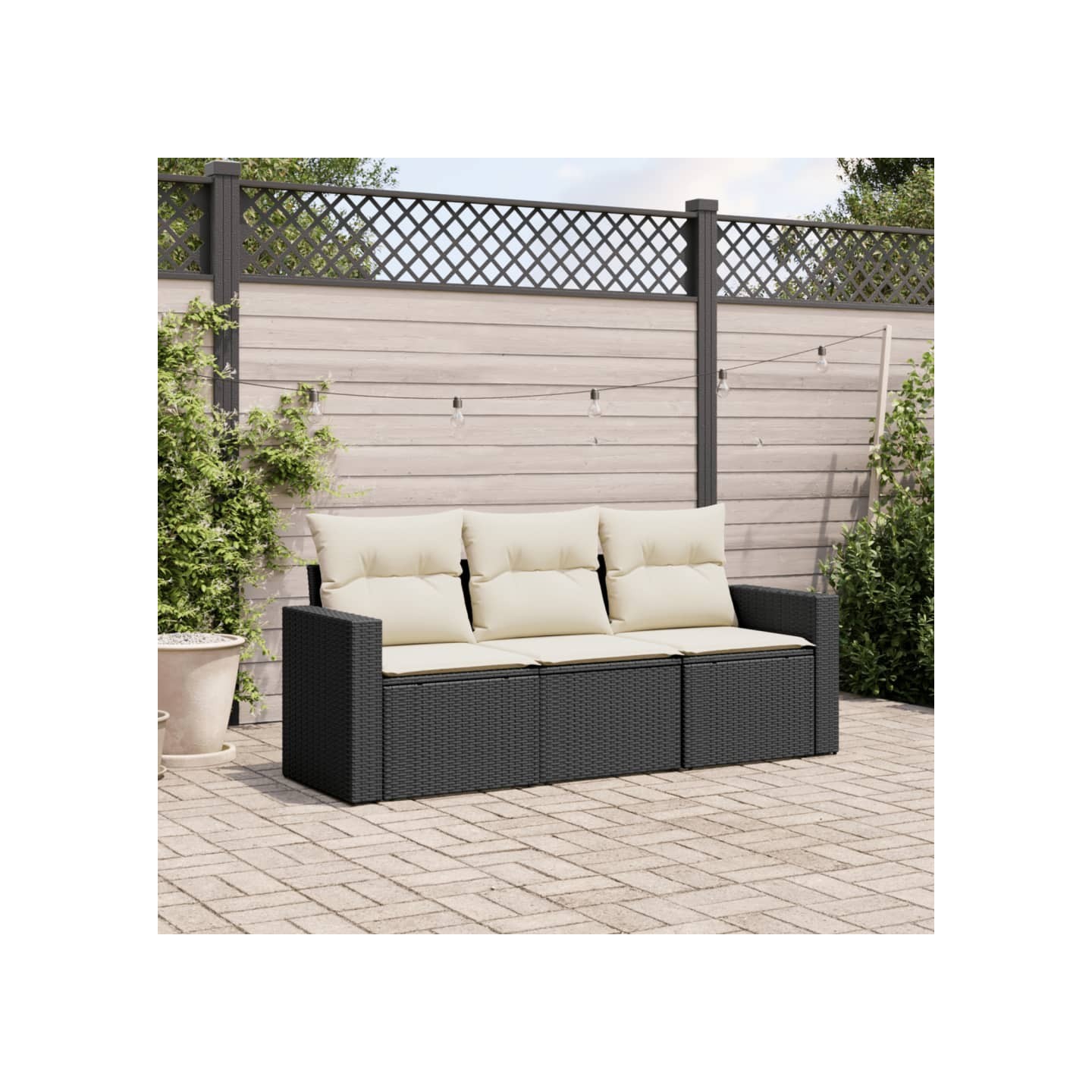 Salon de jardin 3 pcs avec coussins noir résine tressée