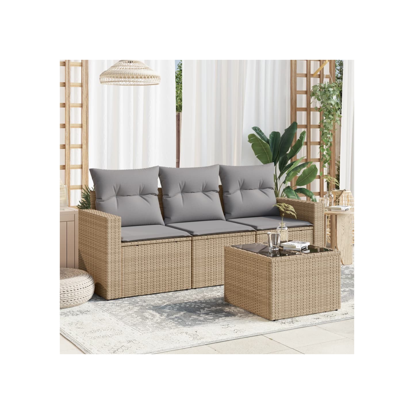Salon de jardin avec coussins 4 pcs beige résine tressée