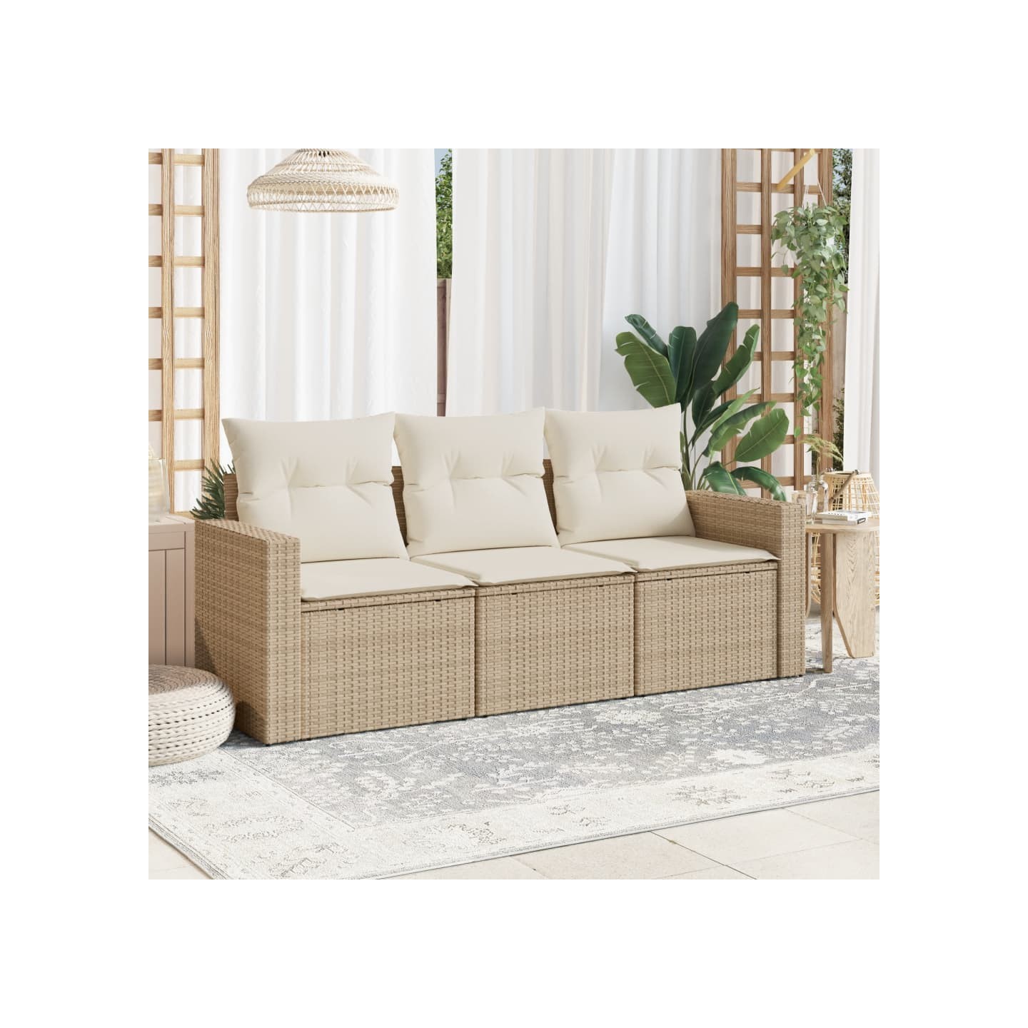 Salon de jardin avec coussins 3 pcs beige résine tressée