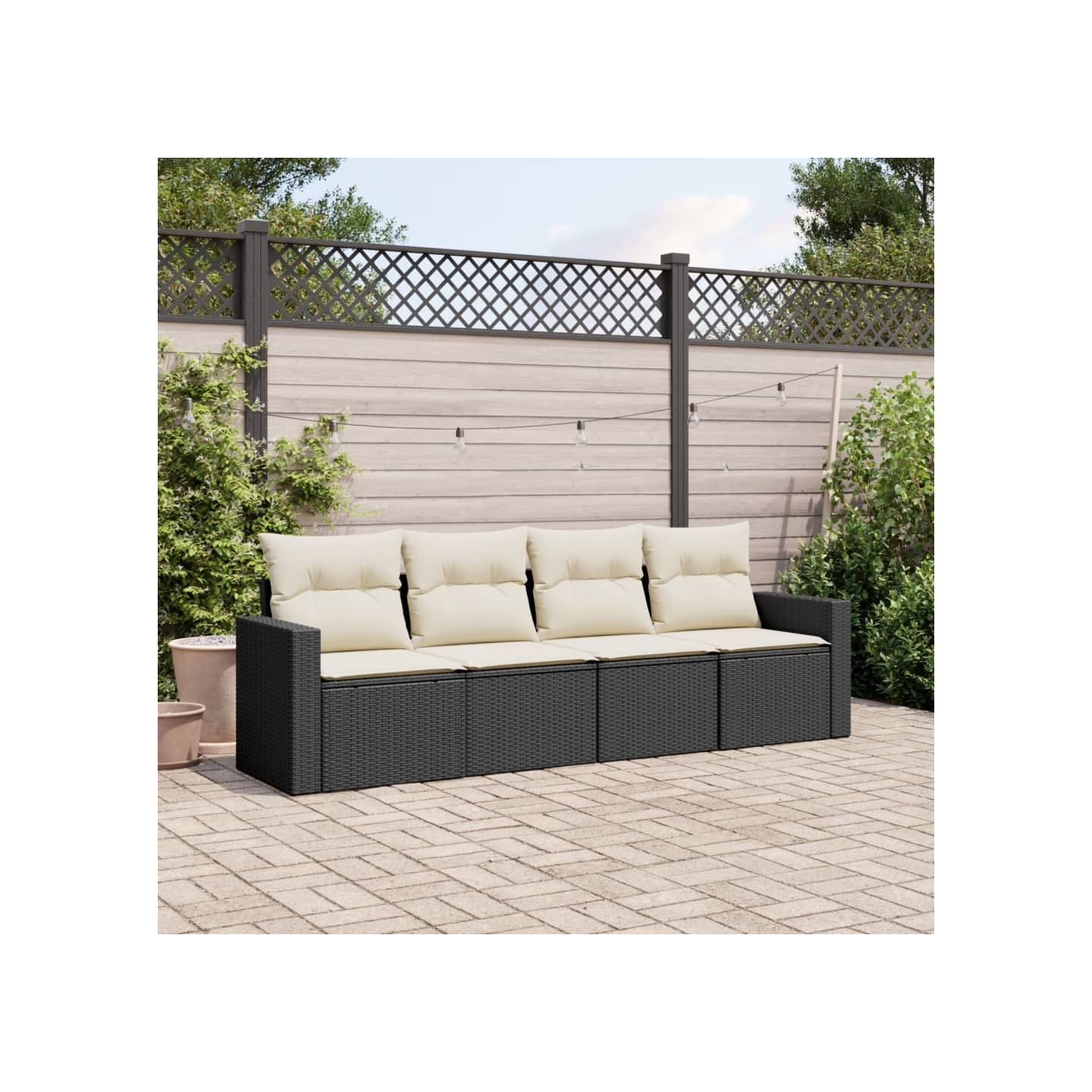 Salon de jardin 4 pcs avec coussins noir résine tressée
