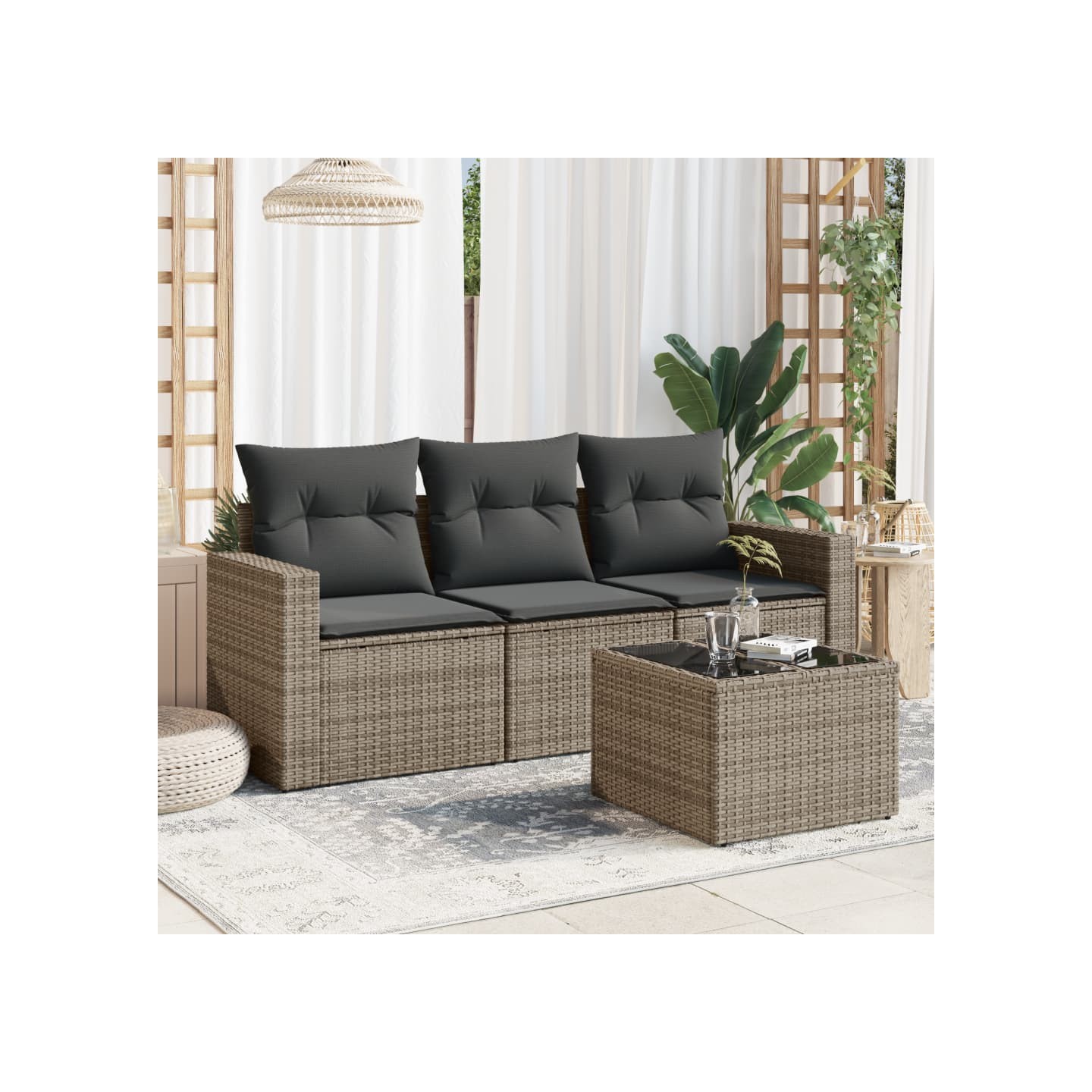 Salon de jardin 4 pcs avec coussins gris résine tressée